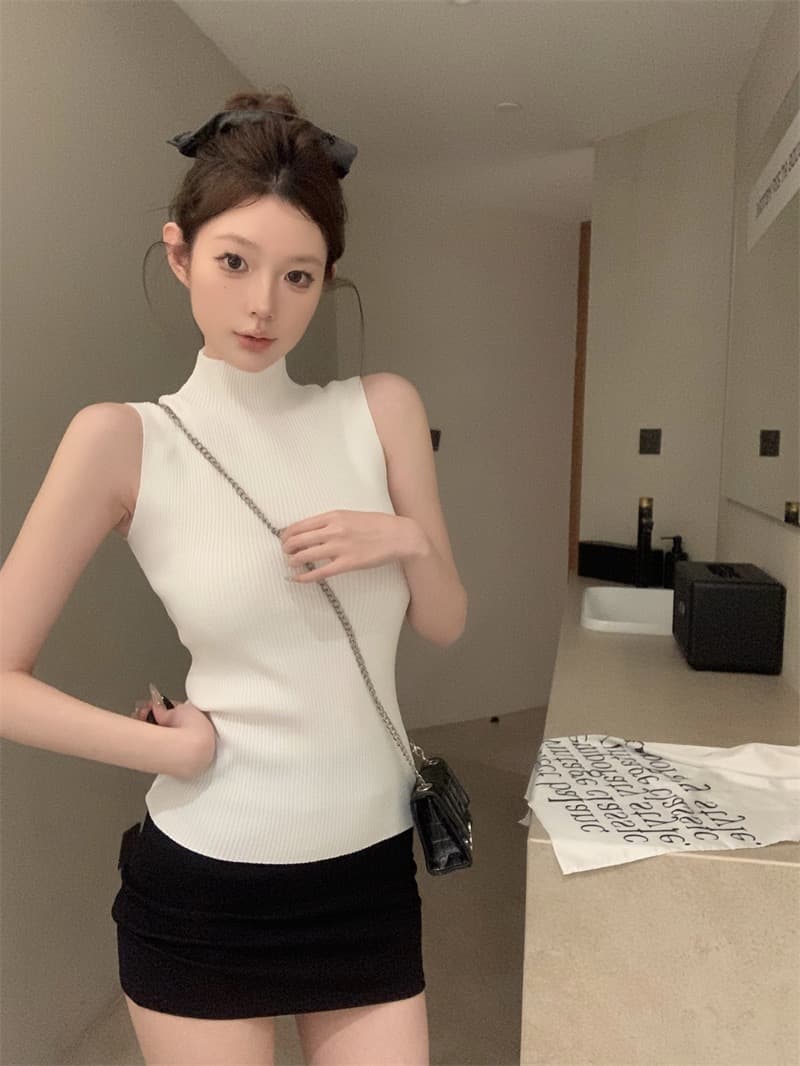 실사 정가 니트 캐미솔 봄 하프 스탠드 칼라 핫걸 아메리칸 섹시함 슬림해 보이는 맨위 상세 이미지 15