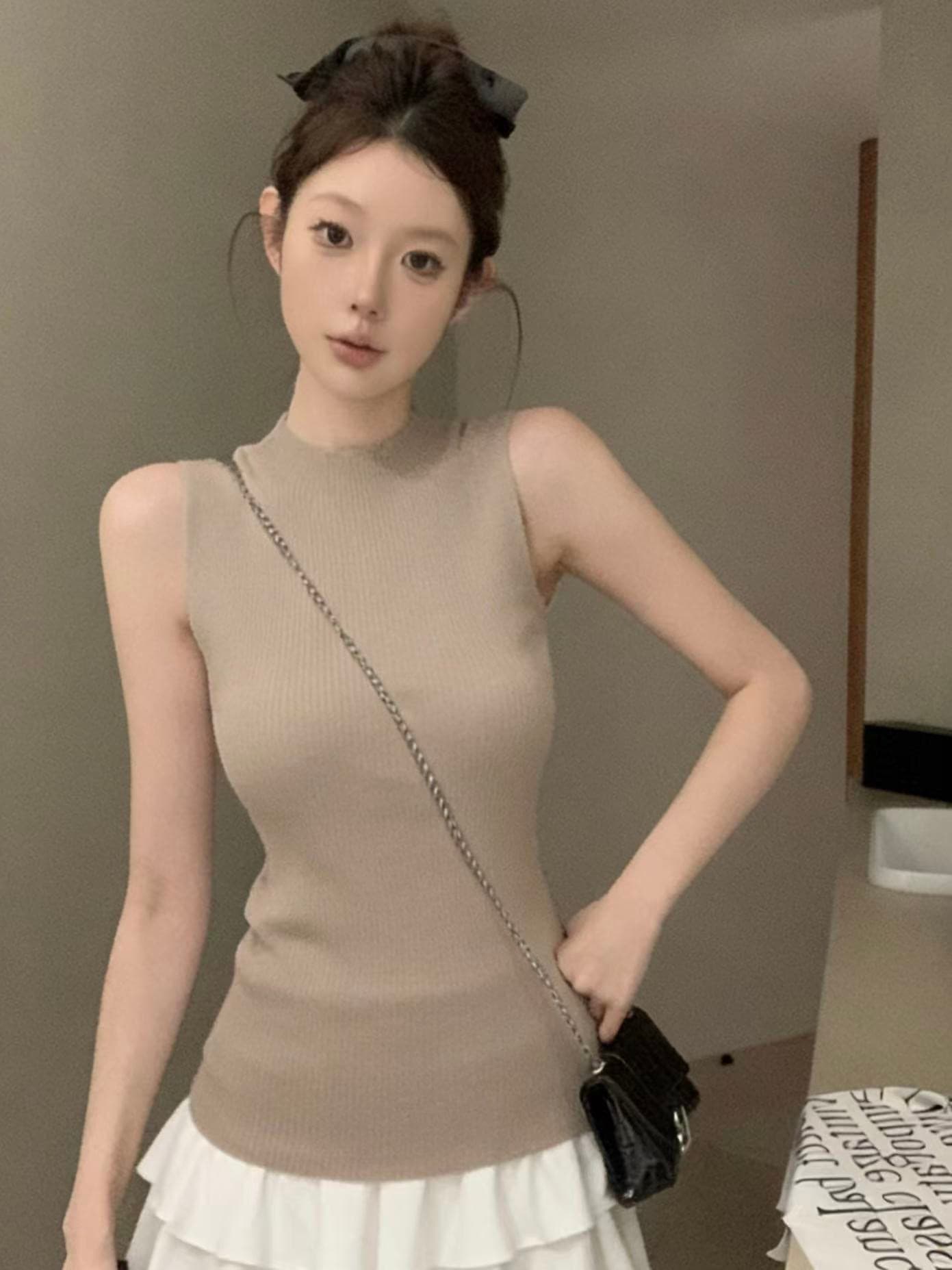 실사 정가 니트 캐미솔 봄 하프 스탠드 칼라 핫걸 아메리칸 섹시함 슬림해 보이는 맨위 상세 이미지 19