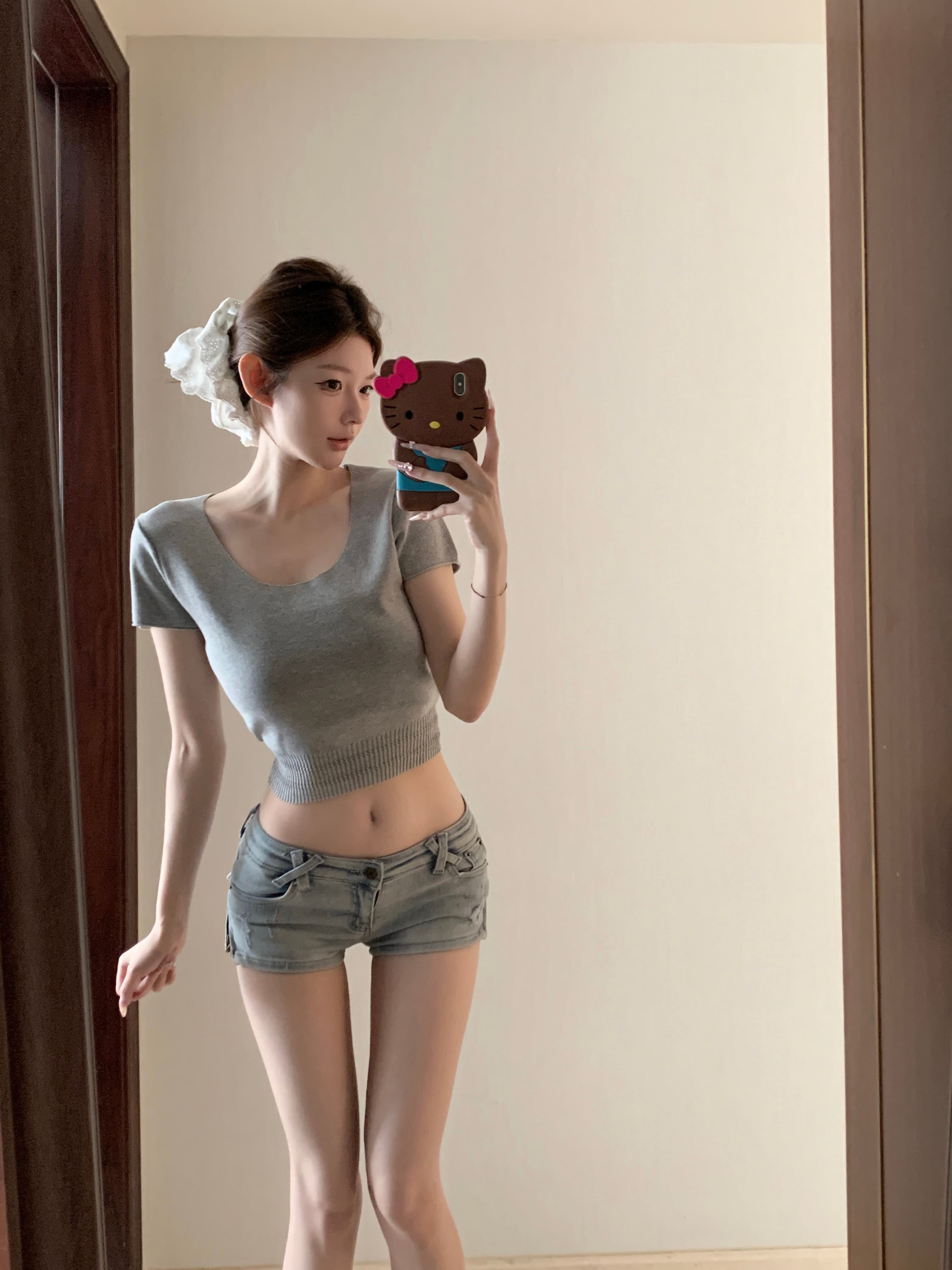 실사 아니요 가격 인하 주간 접시 연구 사회 혼방 대 u 칼라 반팔 티셔츠 여성 여름 다용도 쇼트 스타일 몸매 가꾸기 맨위 상세 이미지 5