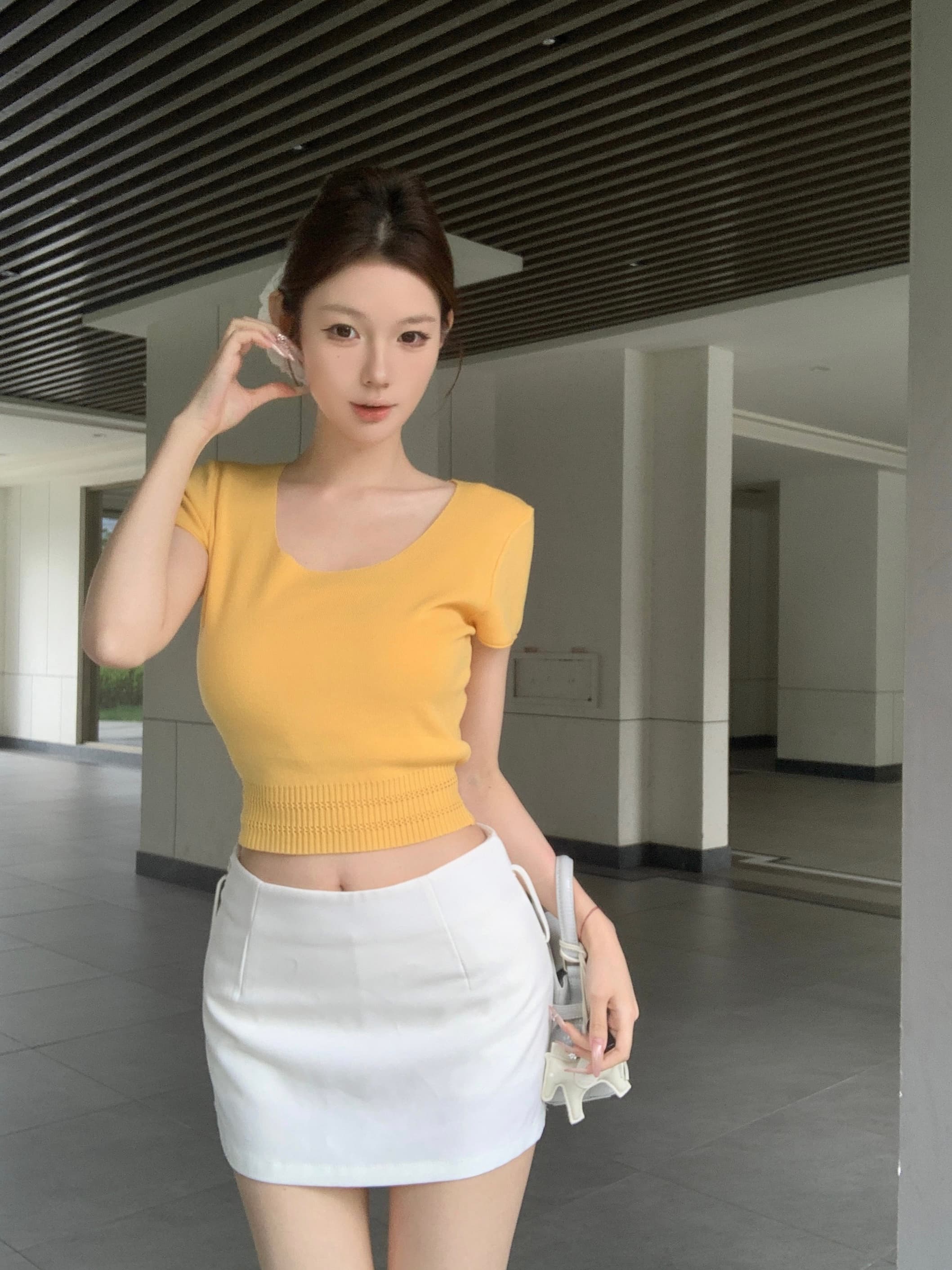 실사 아니요 가격 인하 주간 접시 연구 사회 혼방 대 u 칼라 반팔 티셔츠 여성 여름 다용도 쇼트 스타일 몸매 가꾸기 맨위 상세 이미지 14