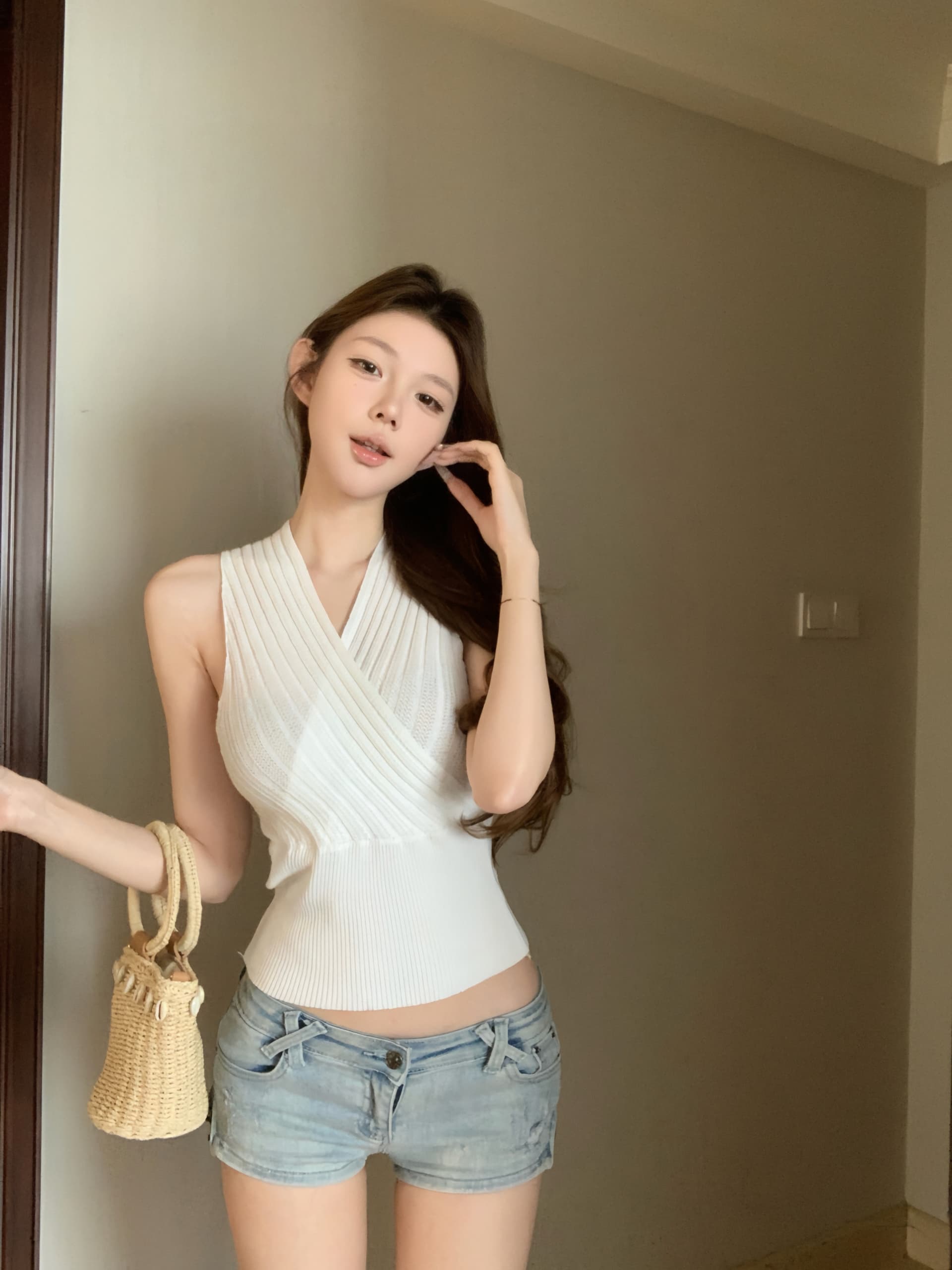 실사 아니요 가격 인하 주황색 십자가 V넥 민소매 니트 스웨터 여성 인사이드 가져 가라. 조끼 핫걸 허리 수축 만나는 맨위 이미지 2