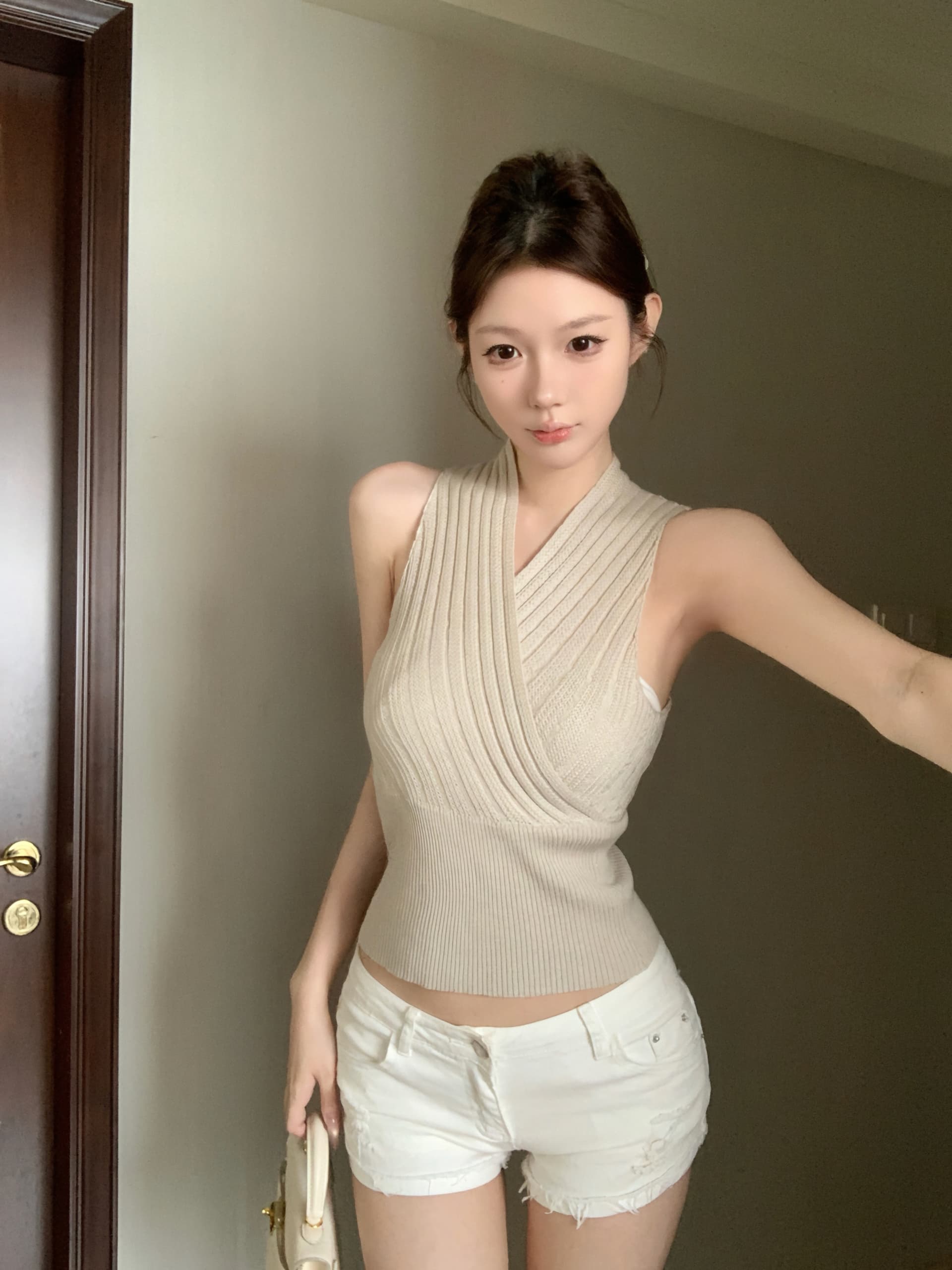 실사 아니요 가격 인하 주황색 십자가 V넥 민소매 니트 스웨터 여성 인사이드 가져 가라. 조끼 핫걸 허리 수축 만나는 맨위 이미지 3