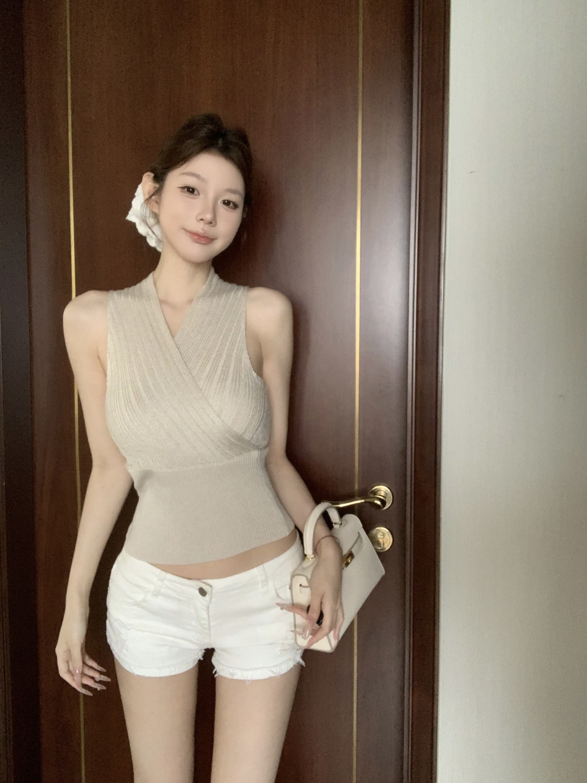 실사 아니요 가격 인하 주황색 십자가 V넥 민소매 니트 스웨터 여성 인사이드 가져 가라. 조끼 핫걸 허리 수축 만나는 맨위 상세 이미지 6