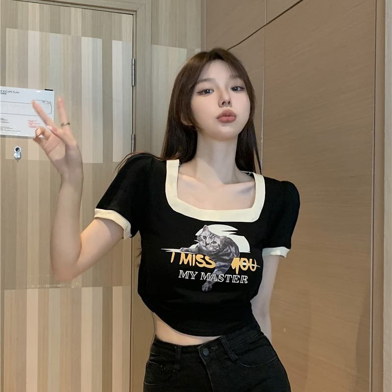 실사 정가 광장 칼라 반팔 고양이 프린트 반팔 티셔츠 이미지 5
