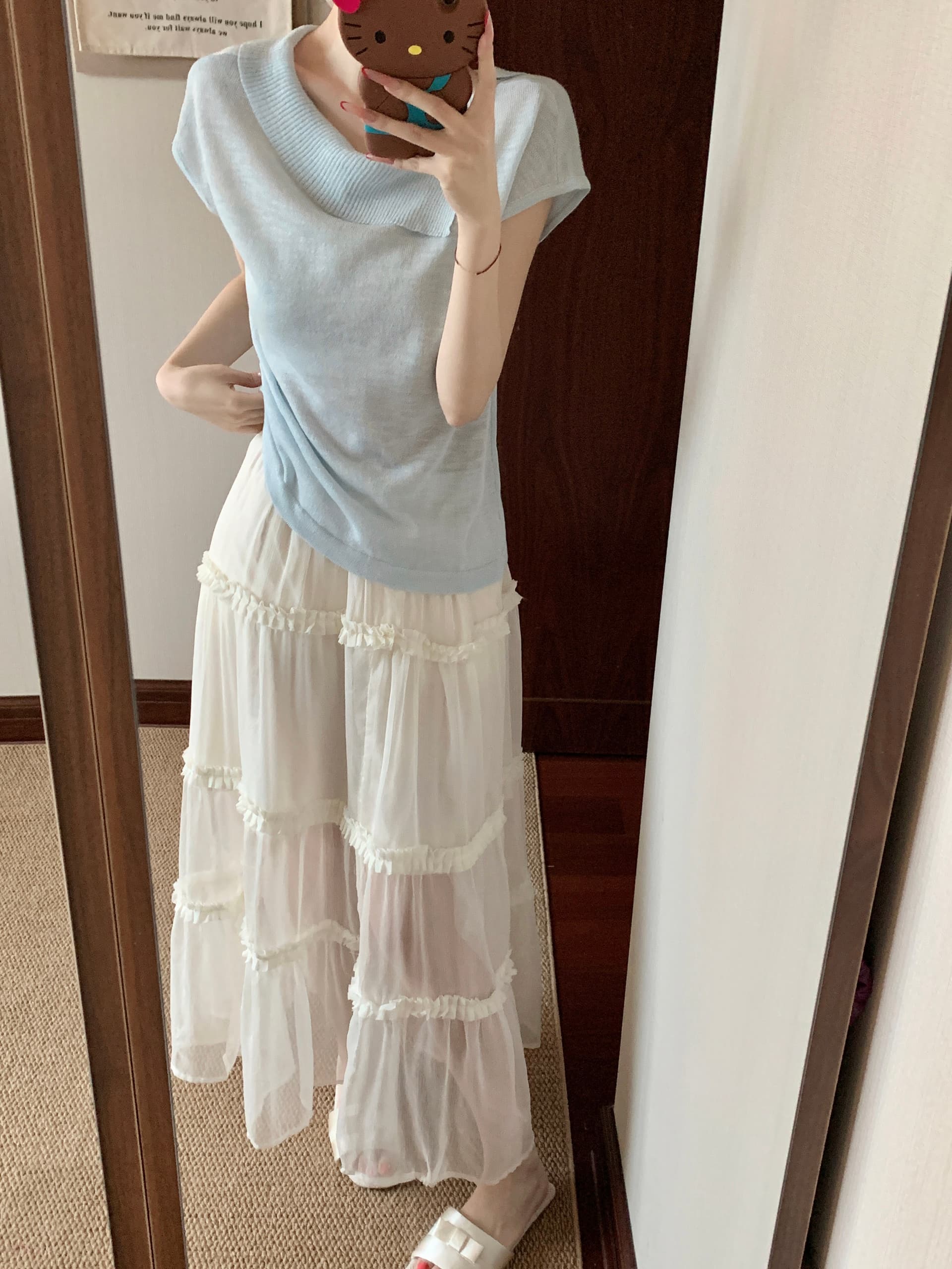 실사 아니요 가격 인하 한 부서 불규칙 칼라 단색 작은 날다 소매 짠 셔츠 여성 여름 새로운 부드러운 품격 맨위 상세 이미지 5