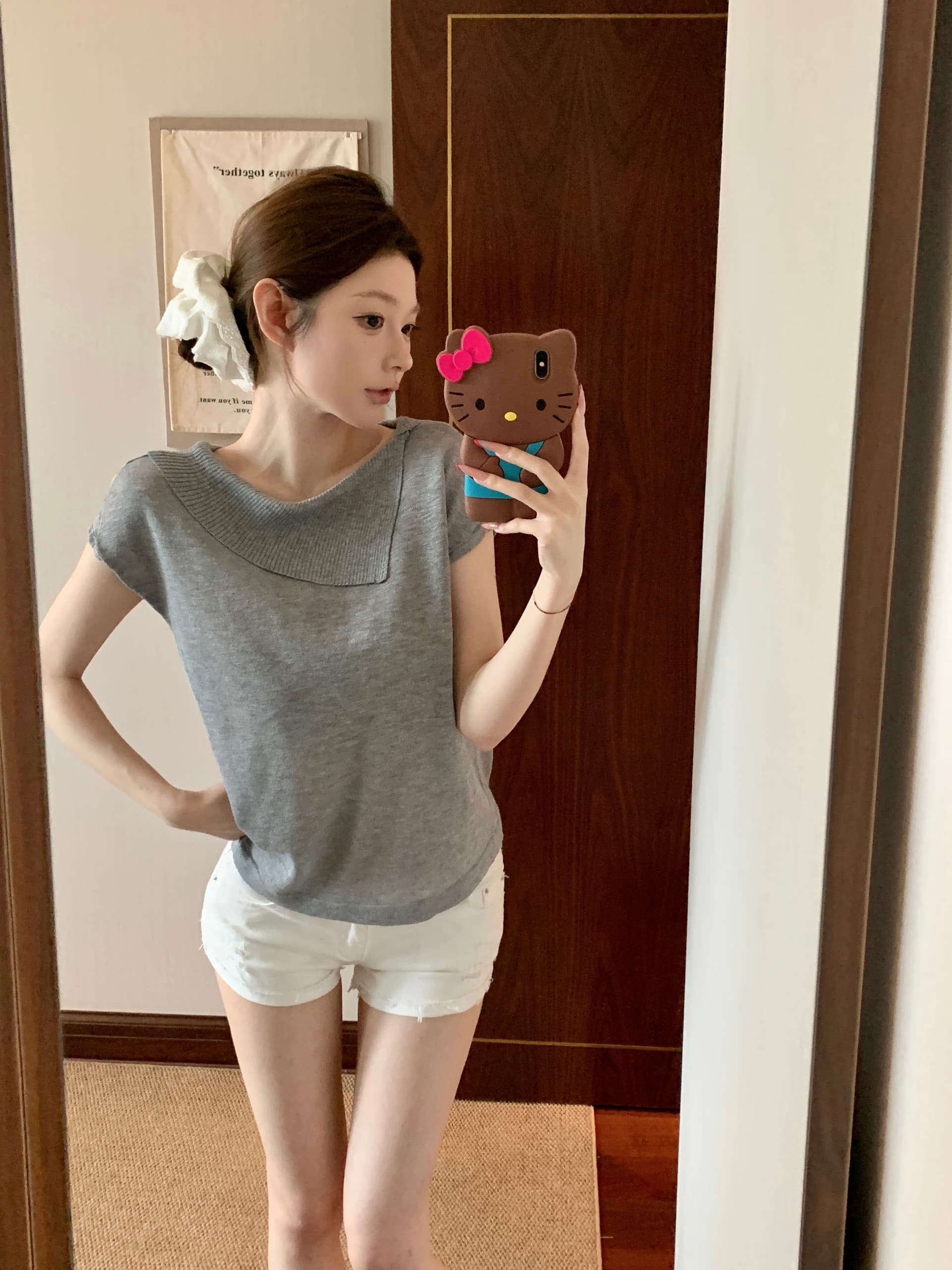 실사 아니요 가격 인하 한 부서 불규칙 칼라 단색 작은 날다 소매 짠 셔츠 여성 여름 새로운 부드러운 품격 맨위 상세 이미지 10