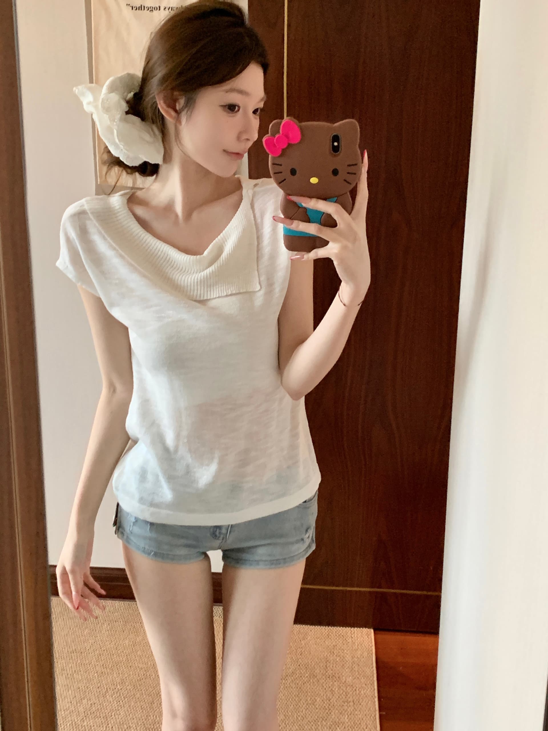 실사 아니요 가격 인하 한 부서 불규칙 칼라 단색 작은 날다 소매 짠 셔츠 여성 여름 새로운 부드러운 품격 맨위 상세 이미지 15