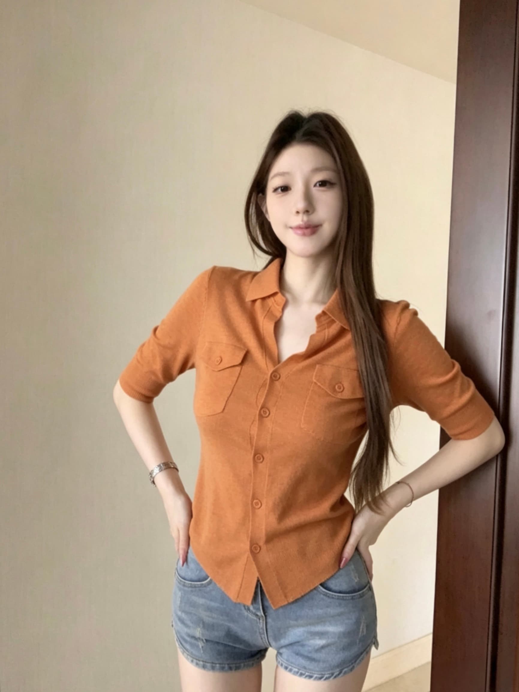 실사 아니요 가격 인하 레트로 주황색 폴로 칼라 중간 소매 여성 셔츠 여름 몸매 가꾸기 셔츠 니트 오픈 가디건 맨위 상세 이미지 1