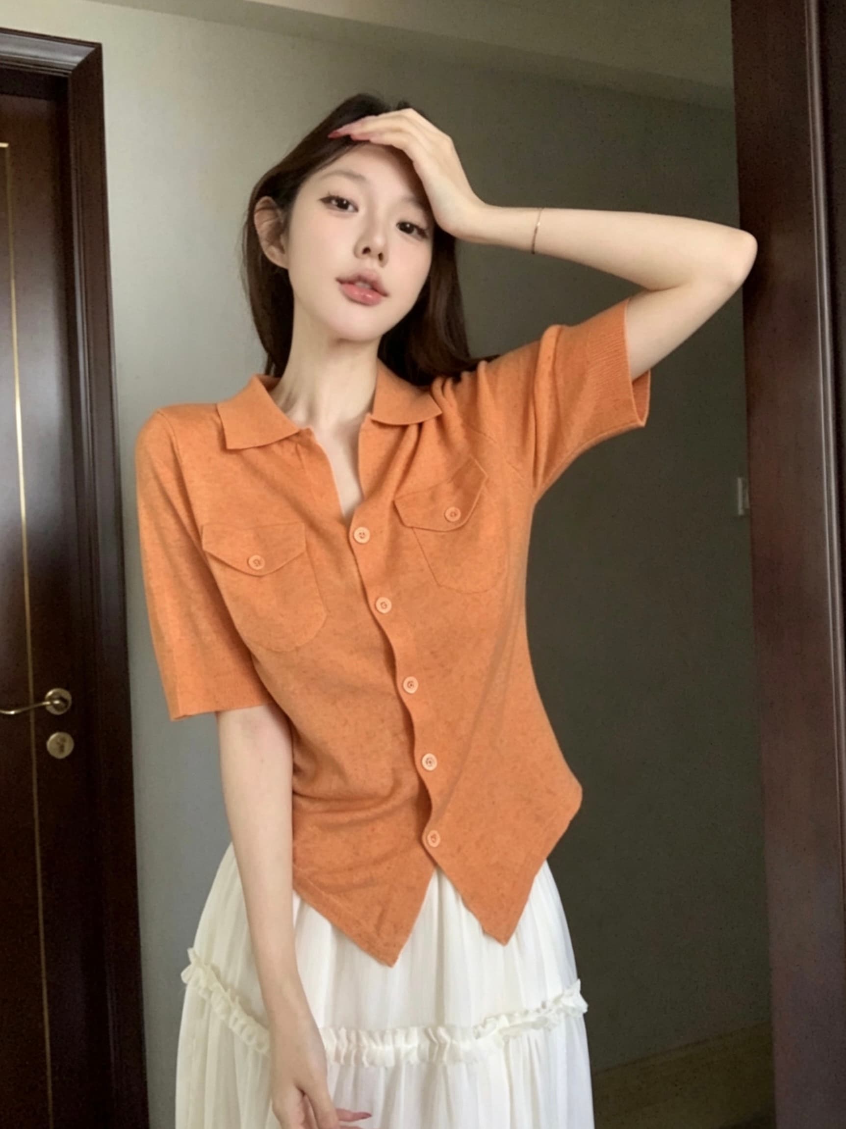 실사 아니요 가격 인하 레트로 주황색 폴로 칼라 중간 소매 여성 셔츠 여름 몸매 가꾸기 셔츠 니트 오픈 가디건 맨위 상세 이미지 3