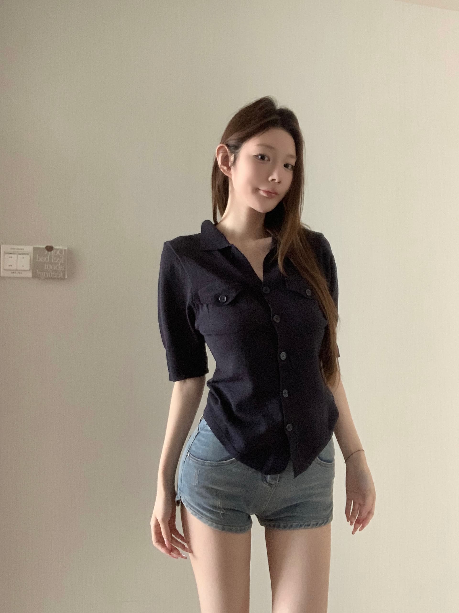 실사 아니요 가격 인하 레트로 주황색 폴로 칼라 중간 소매 여성 셔츠 여름 몸매 가꾸기 셔츠 니트 오픈 가디건 맨위 상세 이미지 6