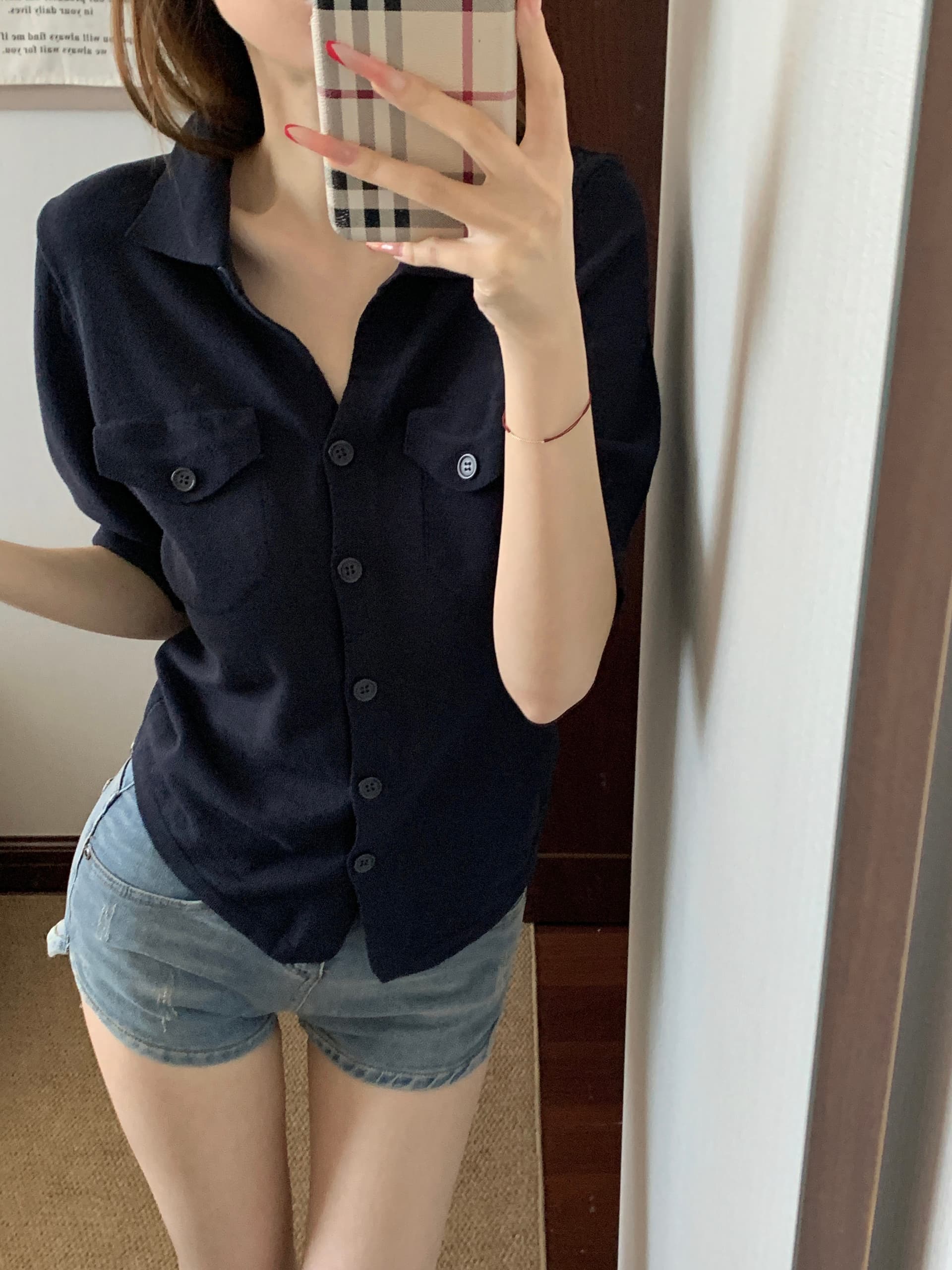 실사 아니요 가격 인하 레트로 주황색 폴로 칼라 중간 소매 여성 셔츠 여름 몸매 가꾸기 셔츠 니트 오픈 가디건 맨위 상세 이미지 7