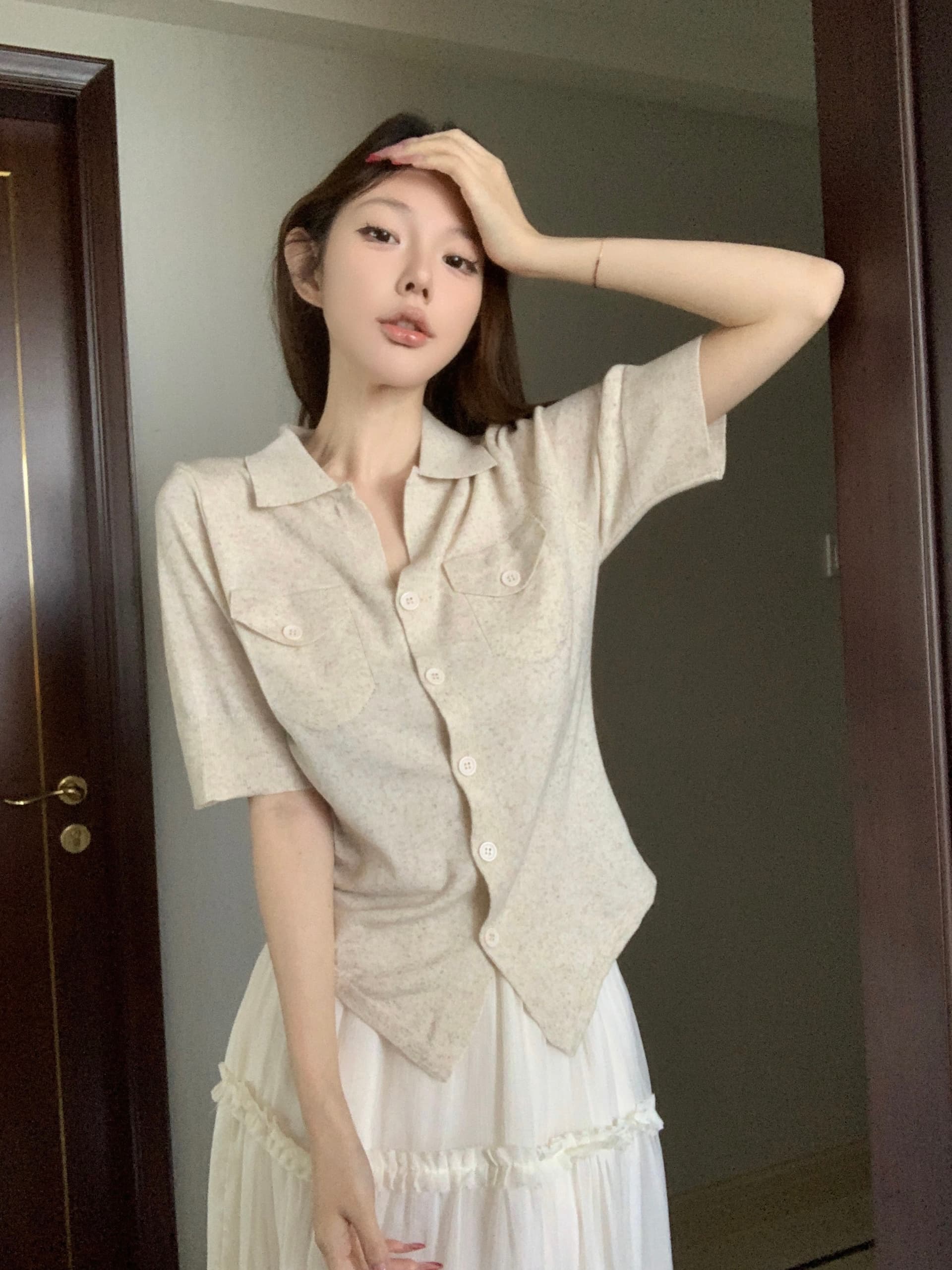 실사 아니요 가격 인하 레트로 주황색 폴로 칼라 중간 소매 여성 셔츠 여름 몸매 가꾸기 셔츠 니트 오픈 가디건 맨위 상세 이미지 11