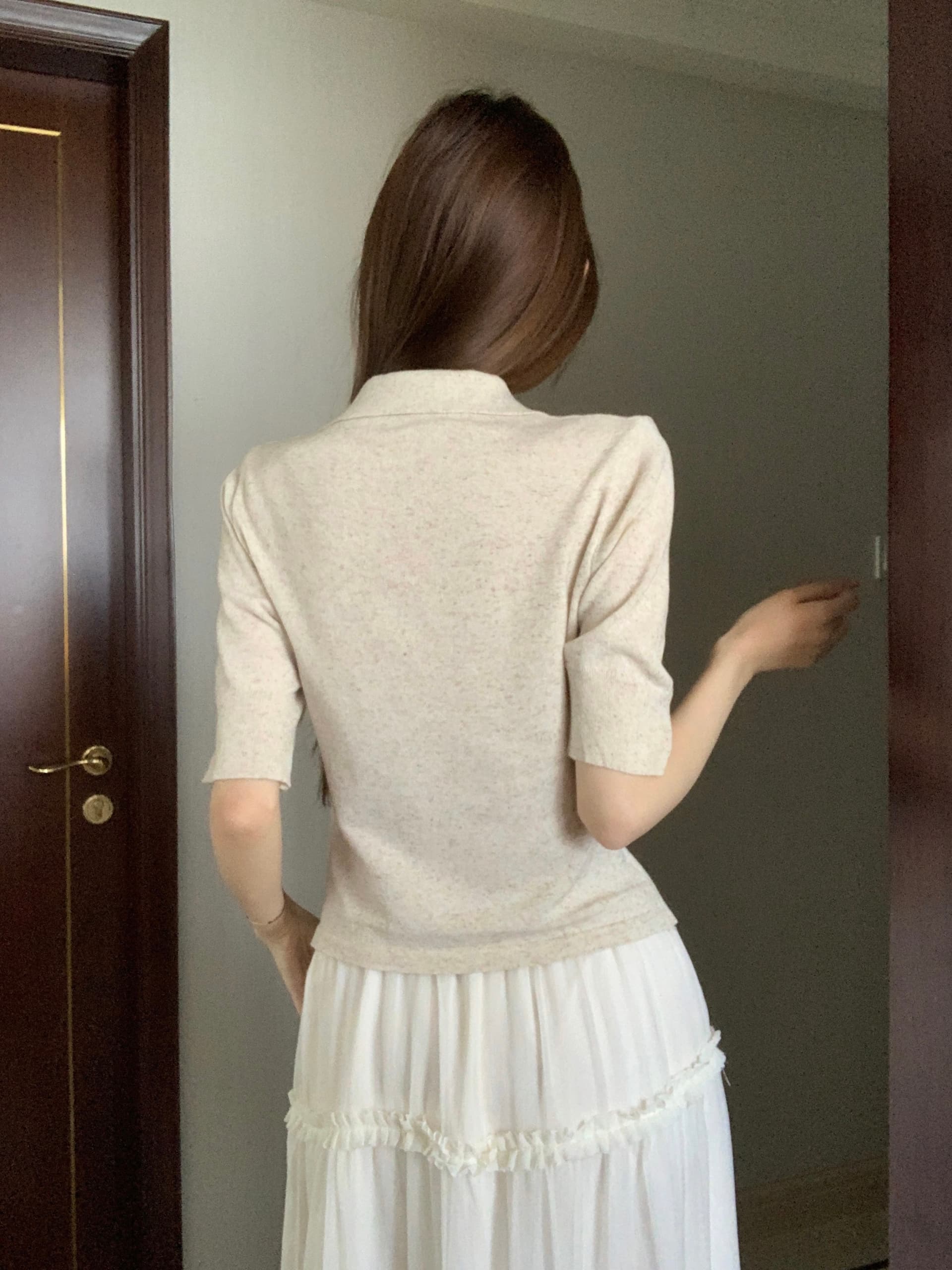 실사 아니요 가격 인하 레트로 주황색 폴로 칼라 중간 소매 여성 셔츠 여름 몸매 가꾸기 셔츠 니트 오픈 가디건 맨위 상세 이미지 12