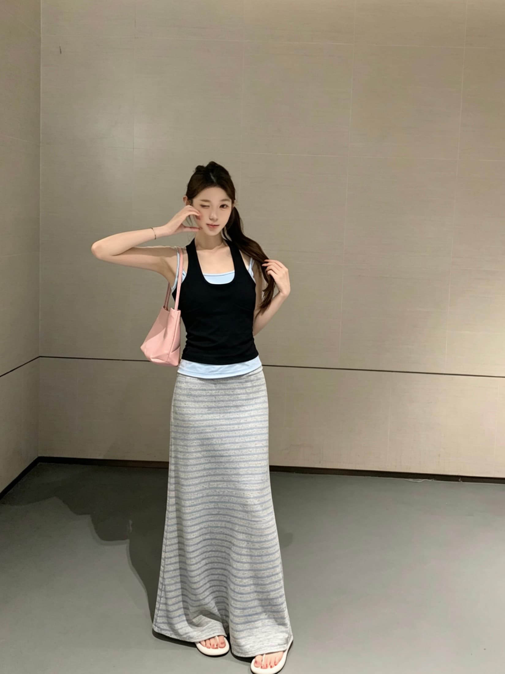 실사 아니요 가격 인하 여름 새로운 한국 스타일 페이크 레이어드 패치워크 색상 조끼 스트라이프 치마 반신 스커트 투피스 세트 이미지 3
