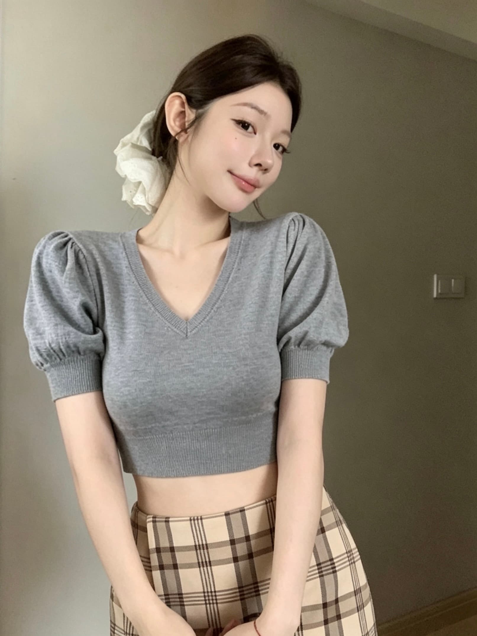 실사 아니요 가격 인하 부드러운 마음 디스플레이 몸 V넥 거품 소매 쇼트 스타일 니트 반팔 이미지 3
