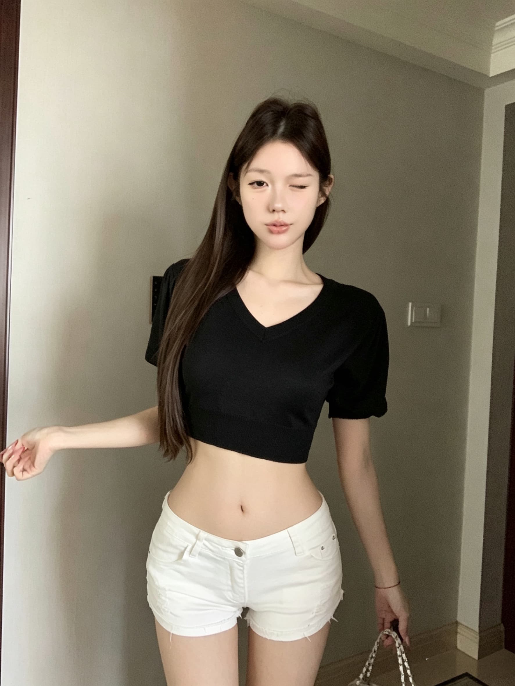 실사 아니요 가격 인하 부드러운 마음 디스플레이 몸 V넥 거품 소매 쇼트 스타일 니트 반팔 상세 이미지 1
