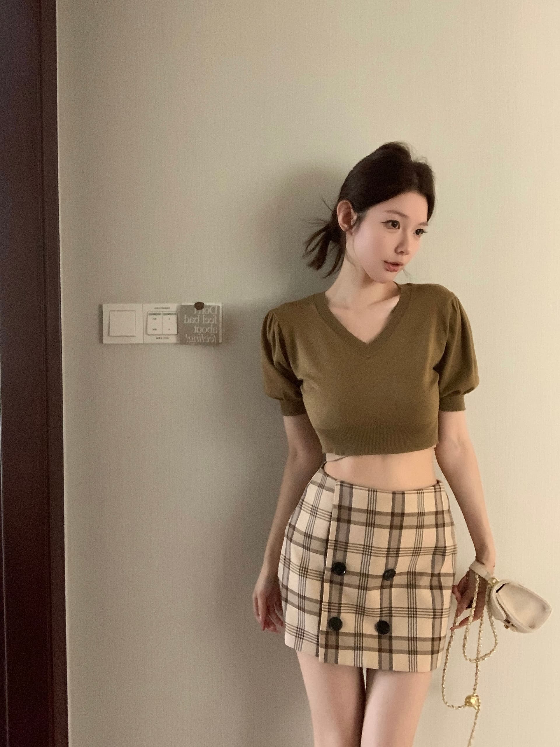 실사 아니요 가격 인하 부드러운 마음 디스플레이 몸 V넥 거품 소매 쇼트 스타일 니트 반팔 상세 이미지 8