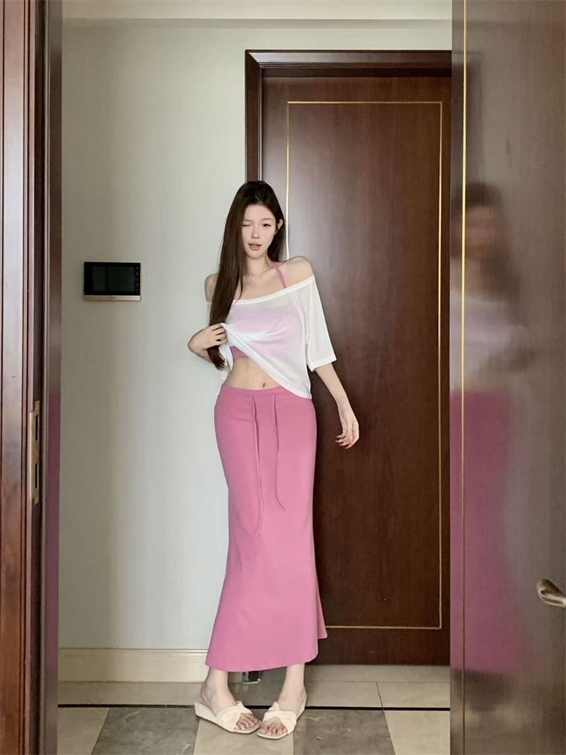 실사 아니요 가격 인하 여름 순수한 욕망 핫걸 새는 어깨 블라우스 행침 목 조끼 인어 꼬리 반신 스커트 슬림해 보이는 3종 세트
