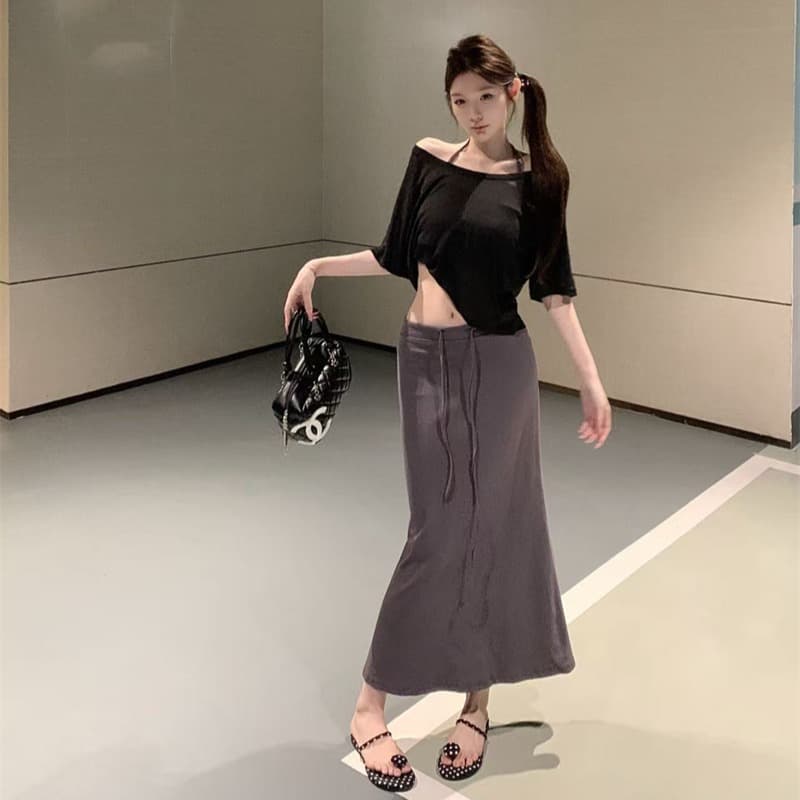 실사 아니요 가격 인하 여름 순수한 욕망 핫걸 새는 어깨 블라우스 행침 목 조끼 인어 꼬리 반신 스커트 슬림해 보이는 3종 세트 이미지 5