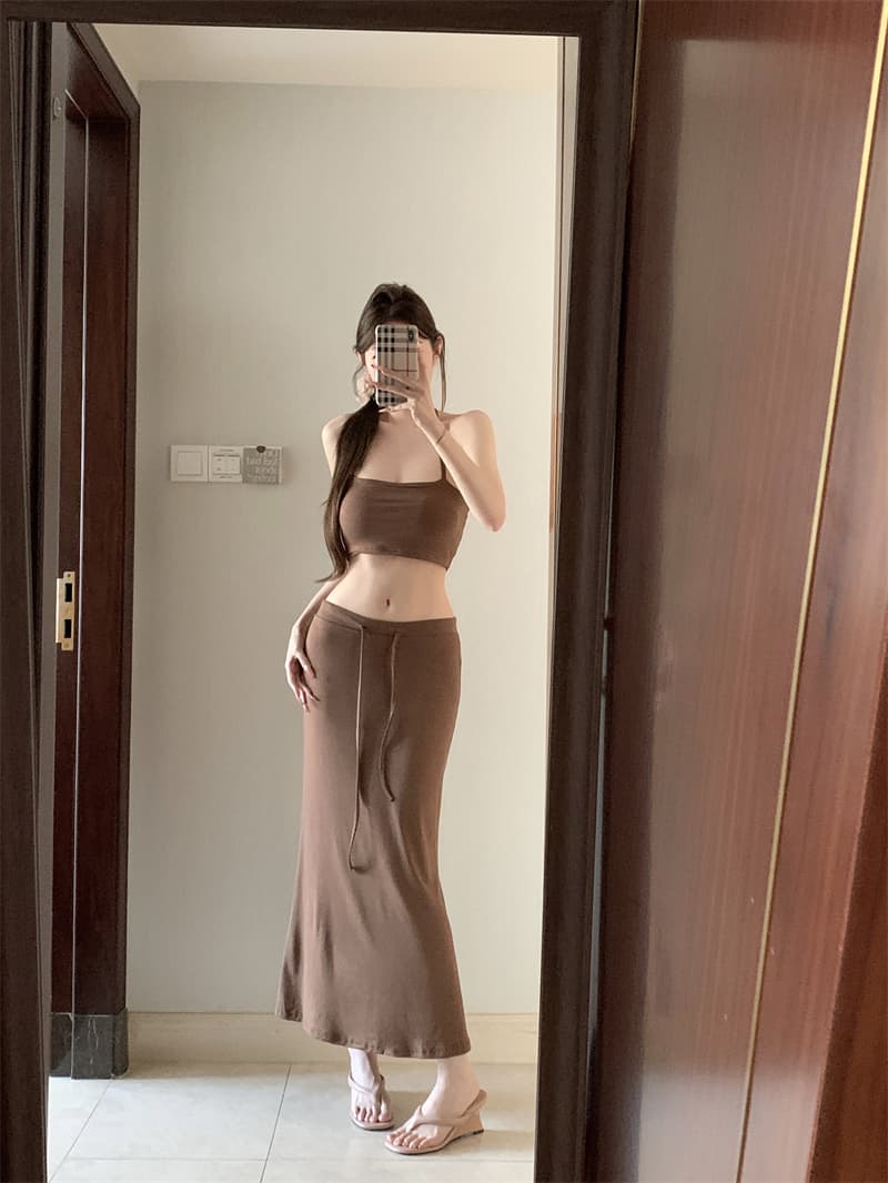 실사 아니요 가격 인하 여름 순수한 욕망 핫걸 새는 어깨 블라우스 행침 목 조끼 인어 꼬리 반신 스커트 슬림해 보이는 3종 세트 상세 이미지 1