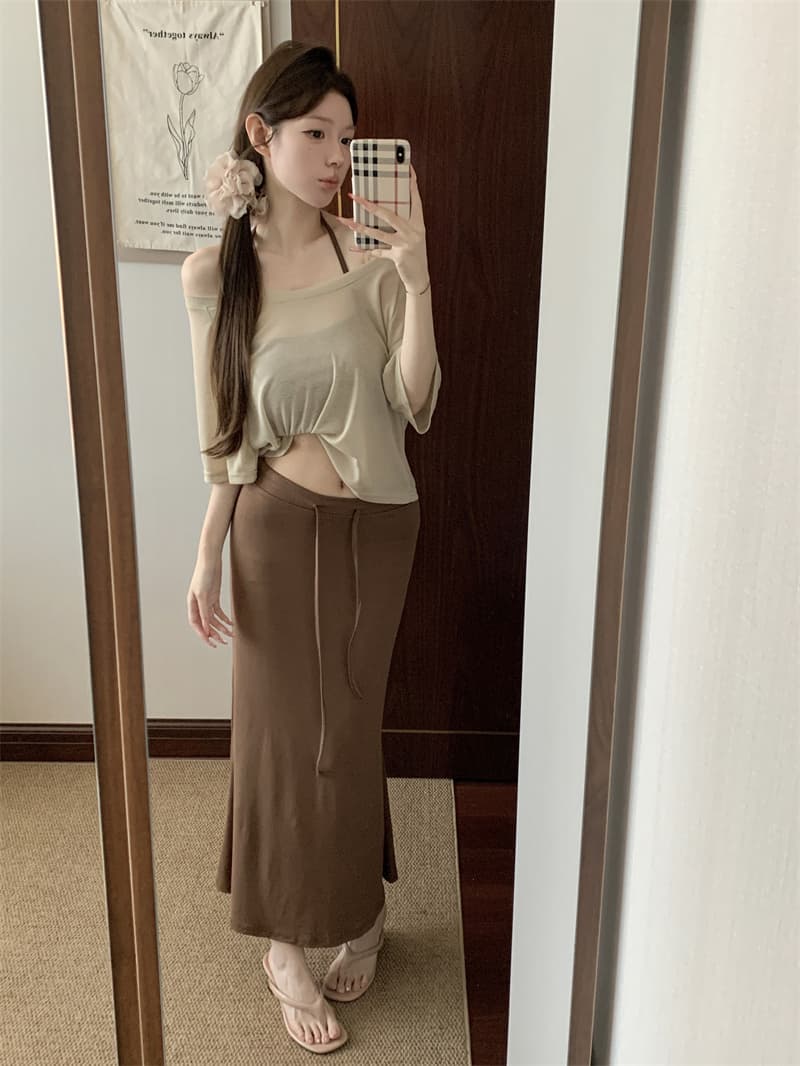실사 아니요 가격 인하 여름 순수한 욕망 핫걸 새는 어깨 블라우스 행침 목 조끼 인어 꼬리 반신 스커트 슬림해 보이는 3종 세트 상세 이미지 2
