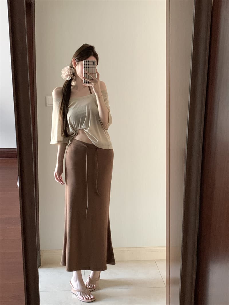 실사 아니요 가격 인하 여름 순수한 욕망 핫걸 새는 어깨 블라우스 행침 목 조끼 인어 꼬리 반신 스커트 슬림해 보이는 3종 세트 상세 이미지 3