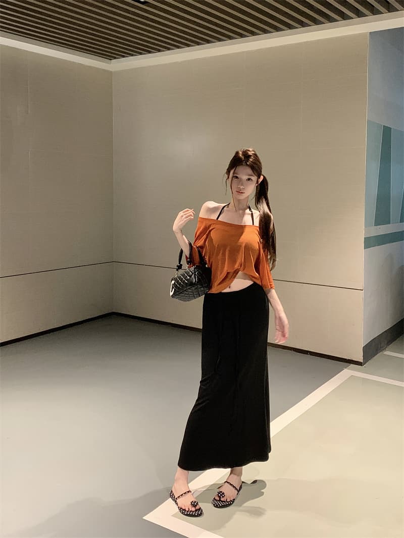 실사 아니요 가격 인하 여름 순수한 욕망 핫걸 새는 어깨 블라우스 행침 목 조끼 인어 꼬리 반신 스커트 슬림해 보이는 3종 세트 상세 이미지 9
