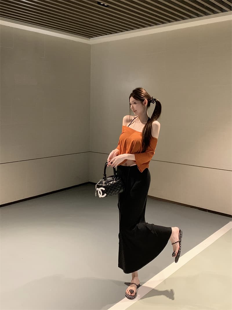 실사 아니요 가격 인하 여름 순수한 욕망 핫걸 새는 어깨 블라우스 행침 목 조끼 인어 꼬리 반신 스커트 슬림해 보이는 3종 세트 상세 이미지 12