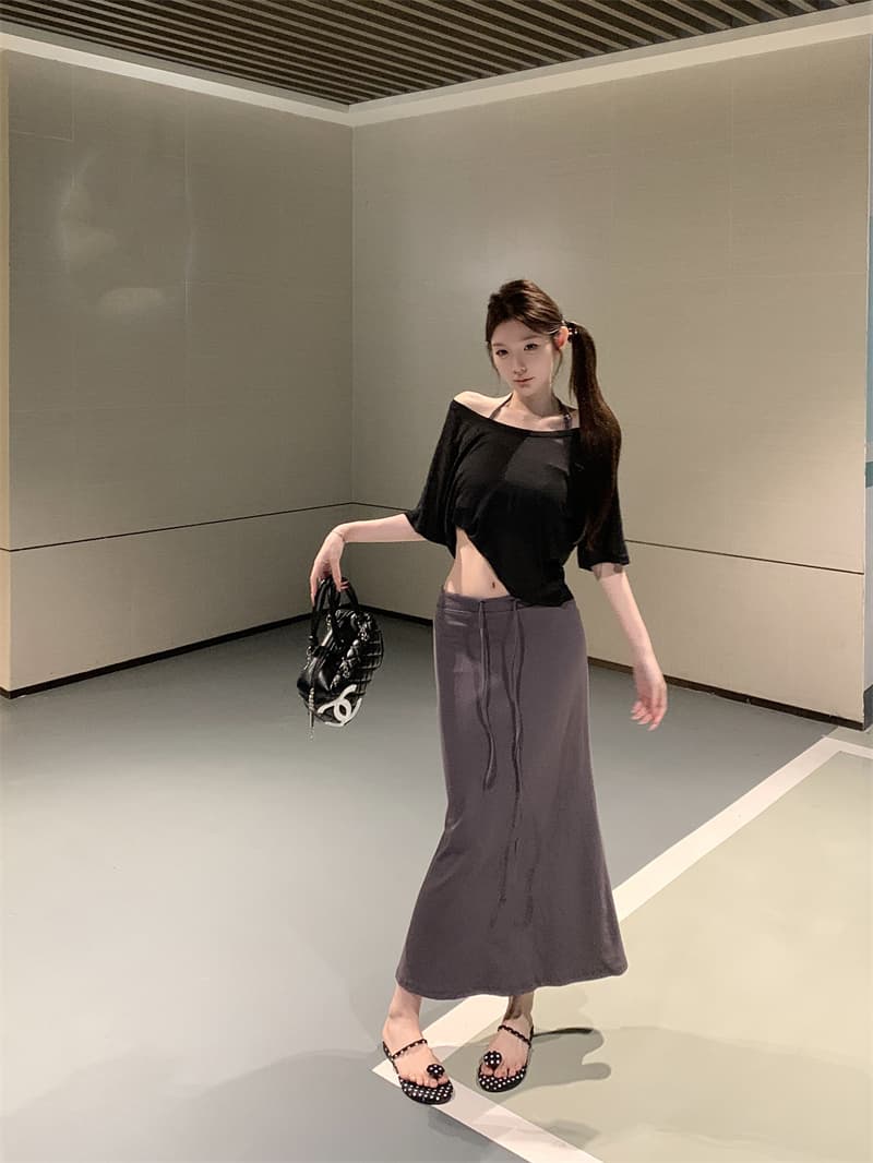 실사 아니요 가격 인하 여름 순수한 욕망 핫걸 새는 어깨 블라우스 행침 목 조끼 인어 꼬리 반신 스커트 슬림해 보이는 3종 세트 상세 이미지 14