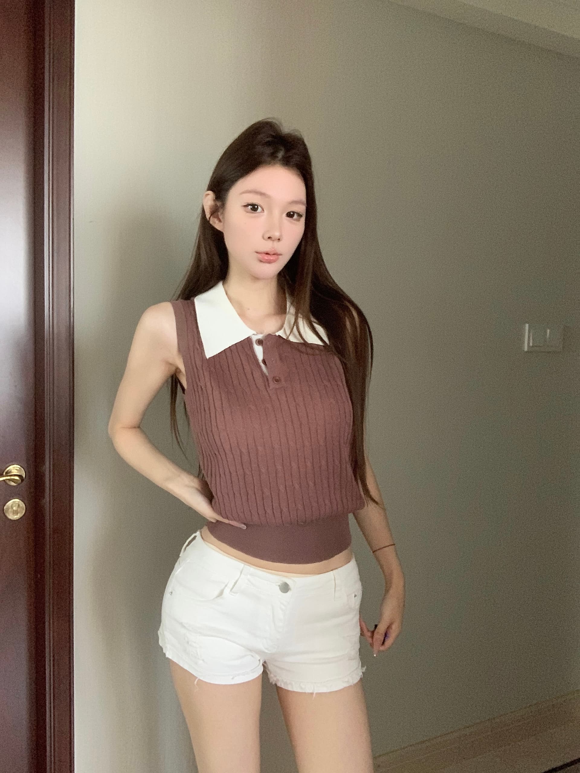 실사 아니요 가격 인하 오래된 돈 민소매 폴로 칼라 니트 꽈배기 외출용 조끼 여성 폴로 칼라 맨위 상세 이미지 1