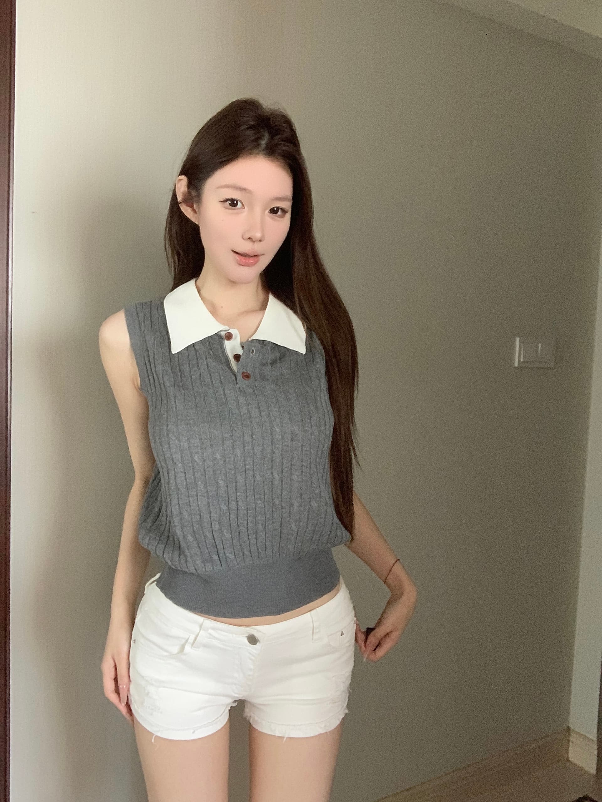 실사 아니요 가격 인하 오래된 돈 민소매 폴로 칼라 니트 꽈배기 외출용 조끼 여성 폴로 칼라 맨위 상세 이미지 5