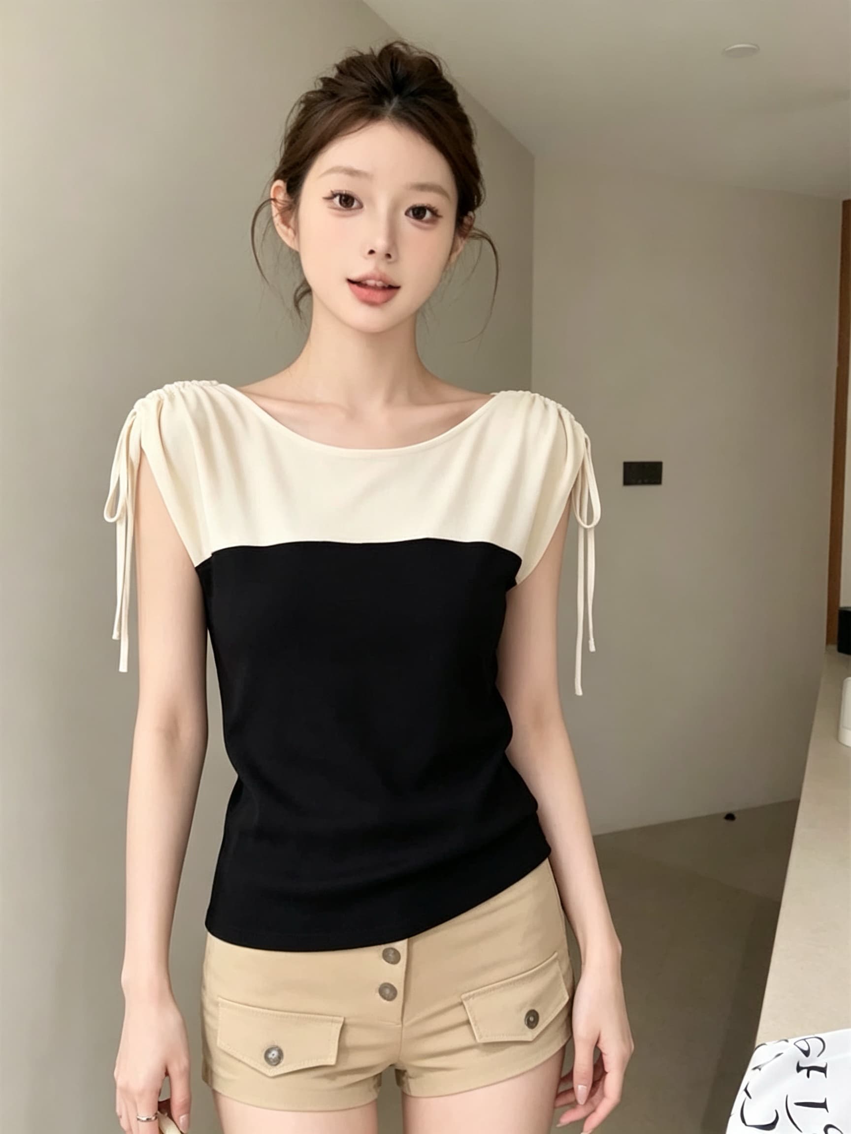 실사 아니요 가격 인하 여름 새로운 여성 의류 핫걸 캐주얼 몸매 가꾸기 주름 싸움 플러그 어깨 소매 반팔 티셔츠 맨위 이미지 4