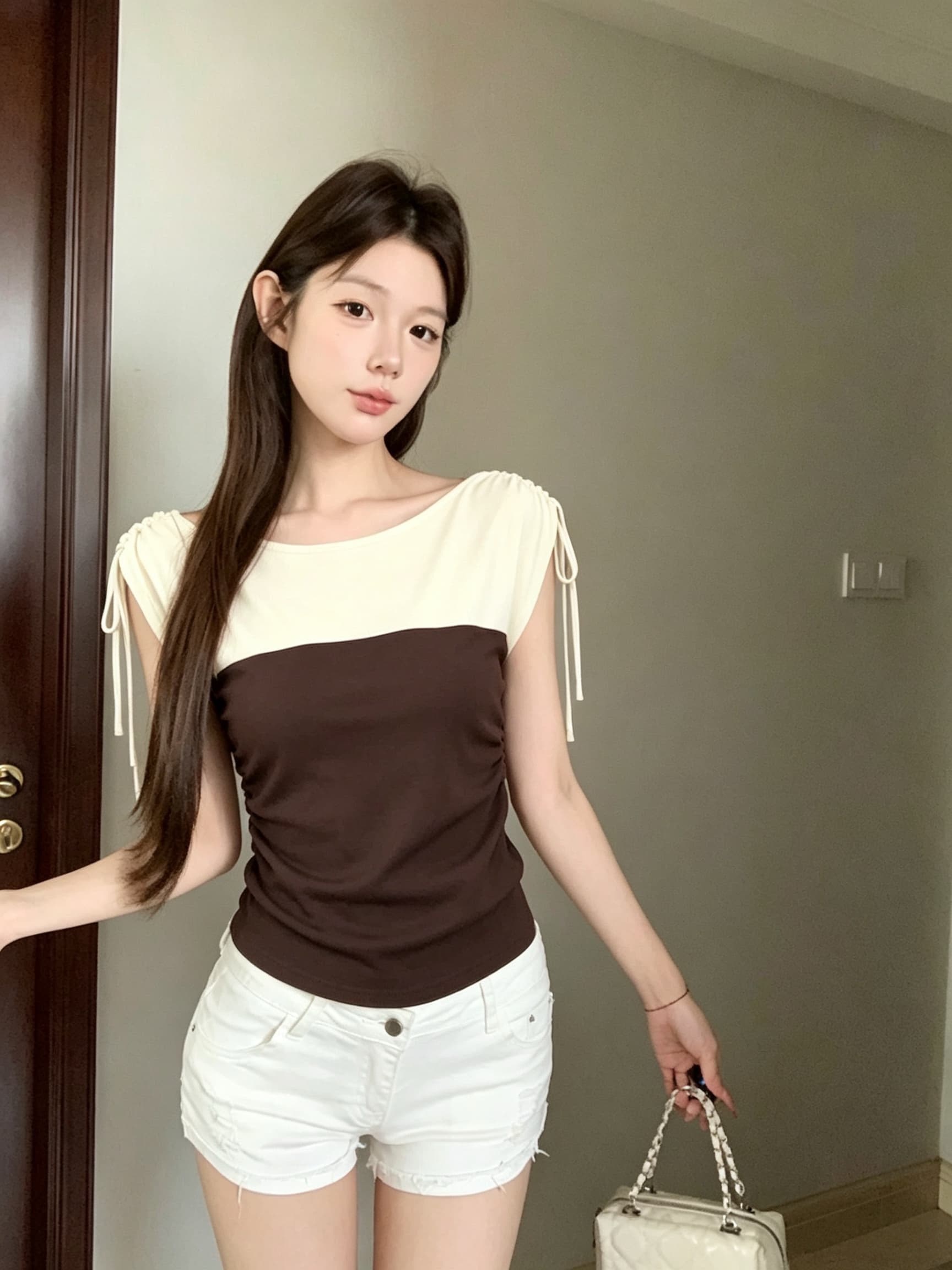 실사 아니요 가격 인하 여름 새로운 여성 의류 핫걸 캐주얼 몸매 가꾸기 주름 싸움 플러그 어깨 소매 반팔 티셔츠 맨위 상세 이미지 6