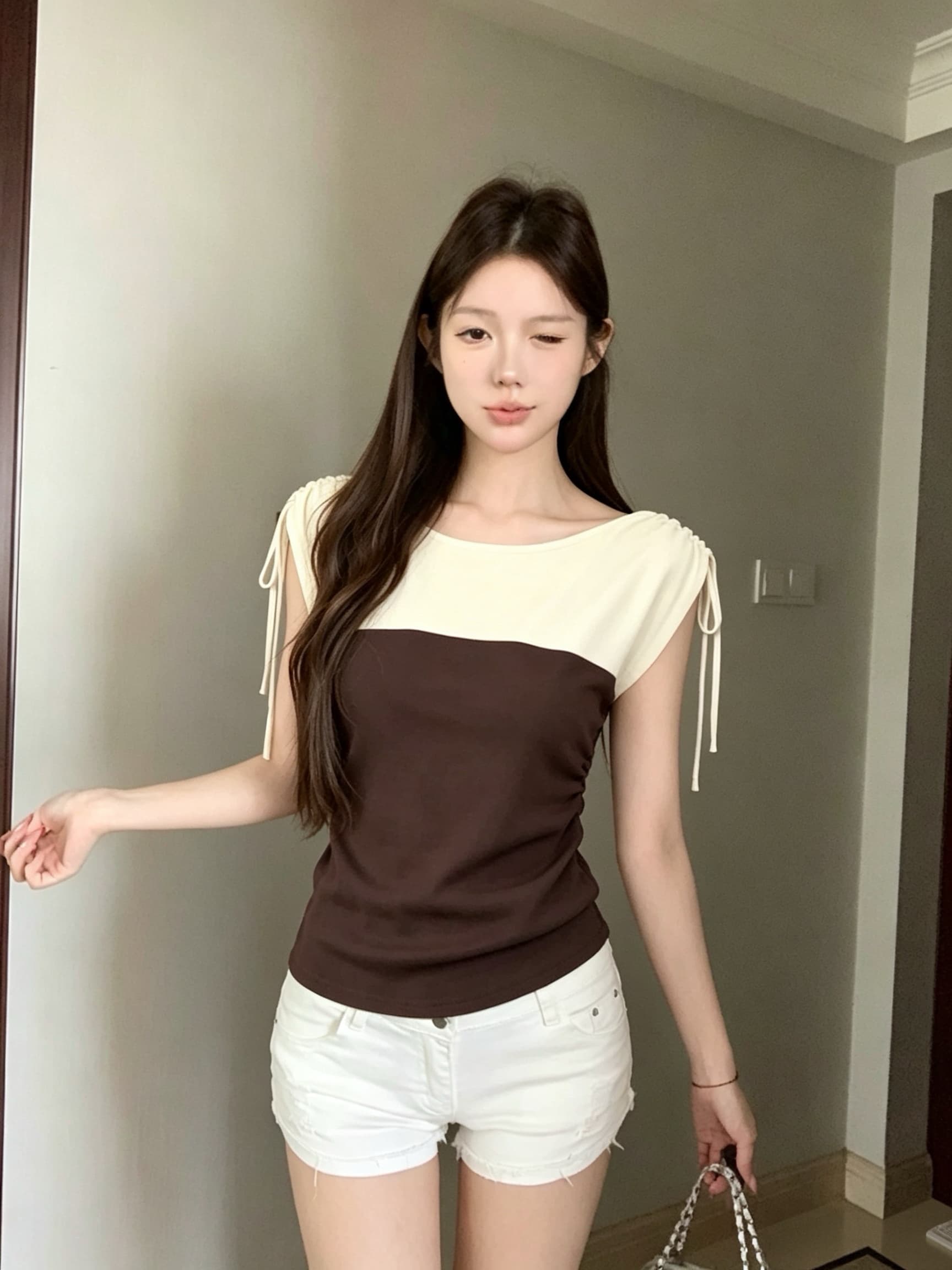 실사 아니요 가격 인하 여름 새로운 여성 의류 핫걸 캐주얼 몸매 가꾸기 주름 싸움 플러그 어깨 소매 반팔 티셔츠 맨위 상세 이미지 7