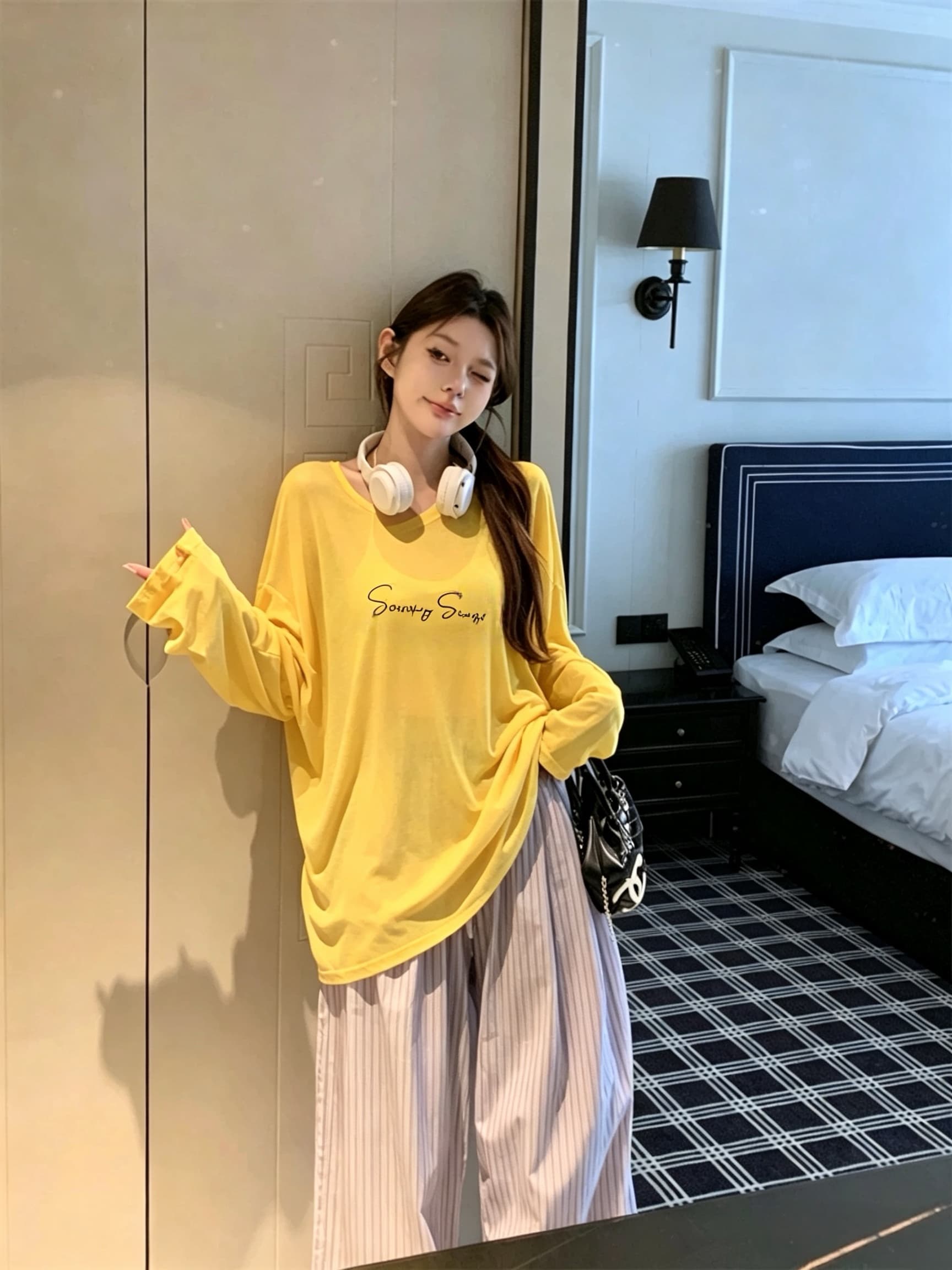 실사 아니요 가격 인하 프린트 블라우스 루즈핏 자외선 차단 긴팔 파란색 스트라이프 도루 센스 넓은 다리 캐주얼 바지 긴 바지
