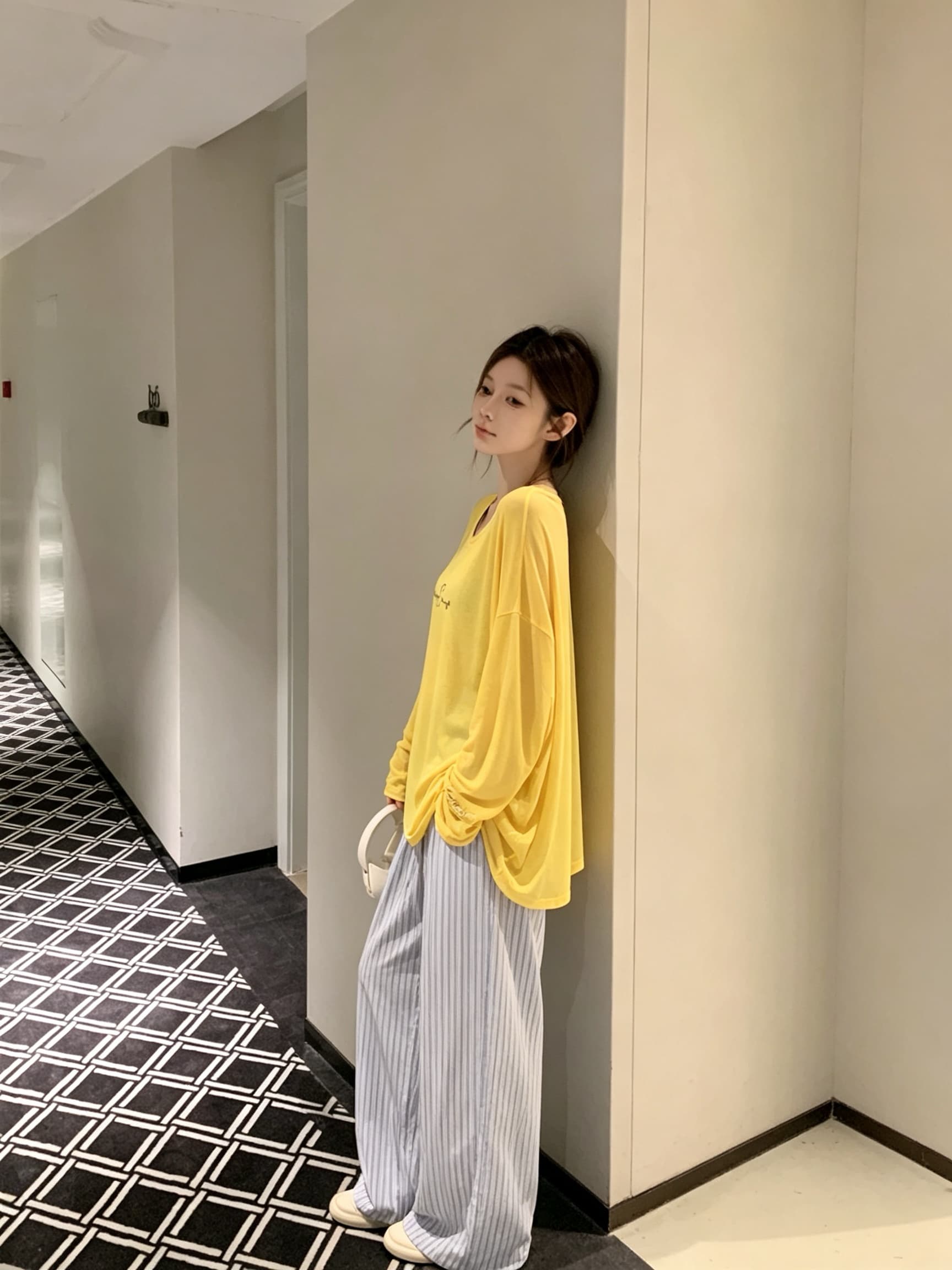 실사 아니요 가격 인하 프린트 블라우스 루즈핏 자외선 차단 긴팔 파란색 스트라이프 도루 센스 넓은 다리 캐주얼 바지 긴 바지 상세 이미지 5