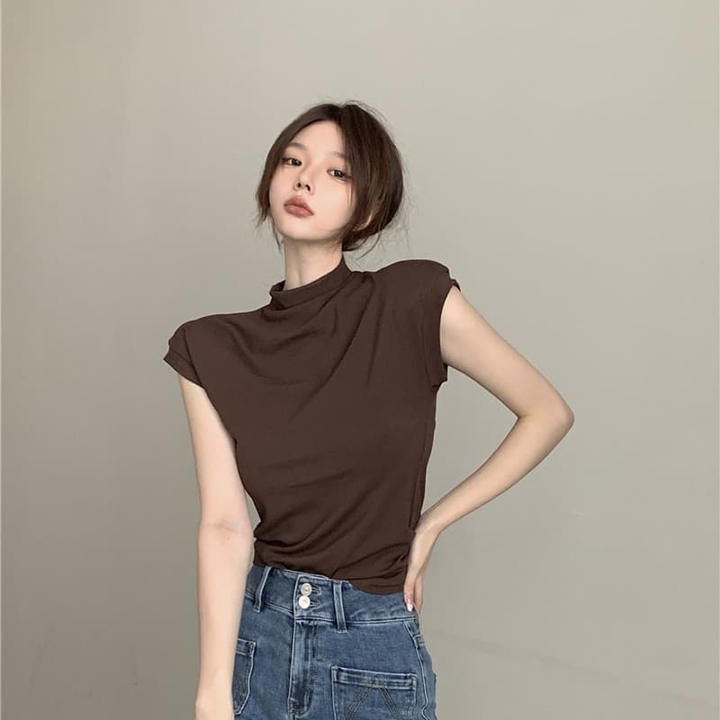 실사 정가 반하이넥 반팔 티셔츠 여성 순수한 욕망 바람 타이트 기본 셔츠 슬림해 보이는 맨위 이미지 5
