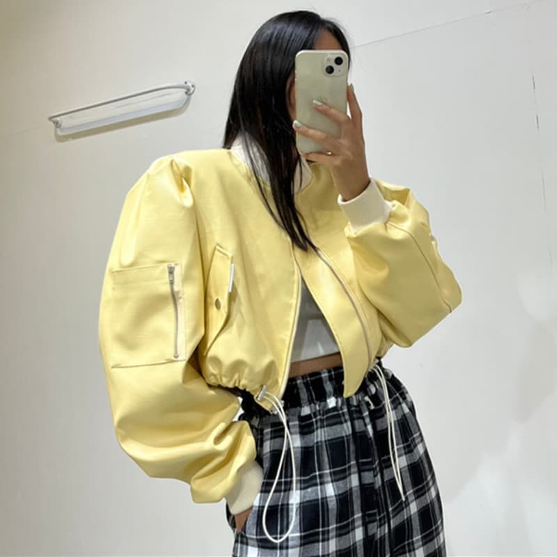 있음 선적 봄 드레스 스탠드 칼라 펌프 로프 쇼트 스타일 가죽 재킷 여성 코트
