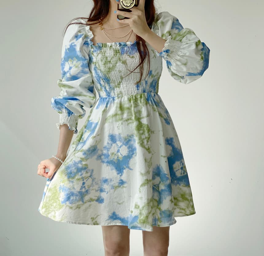 있음 선적 봄 드레스 꽃무늬 광장 칼라 거품 소매 드레스 상세 이미지 7