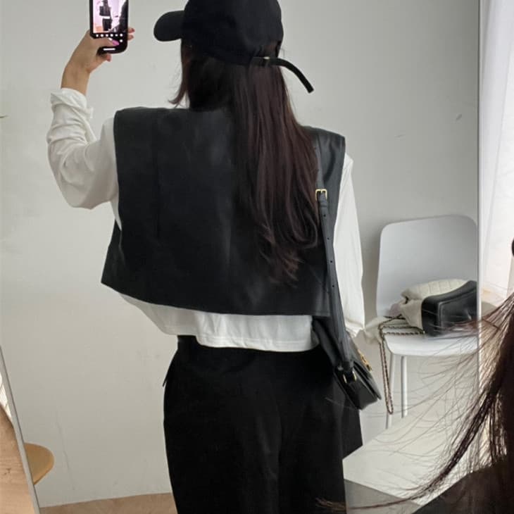 있음 선적 PU 가죽 베스트 작은 외투 여성 이미지 4
