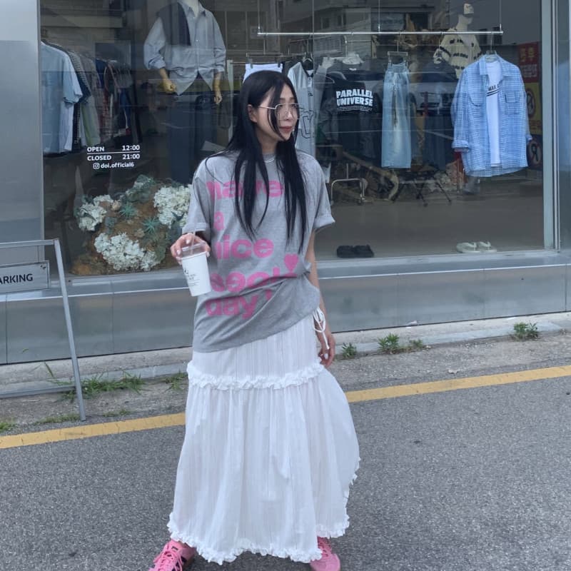 있음 선적 허리밴드 패치워크 프릴 반신 스커트 이미지 5