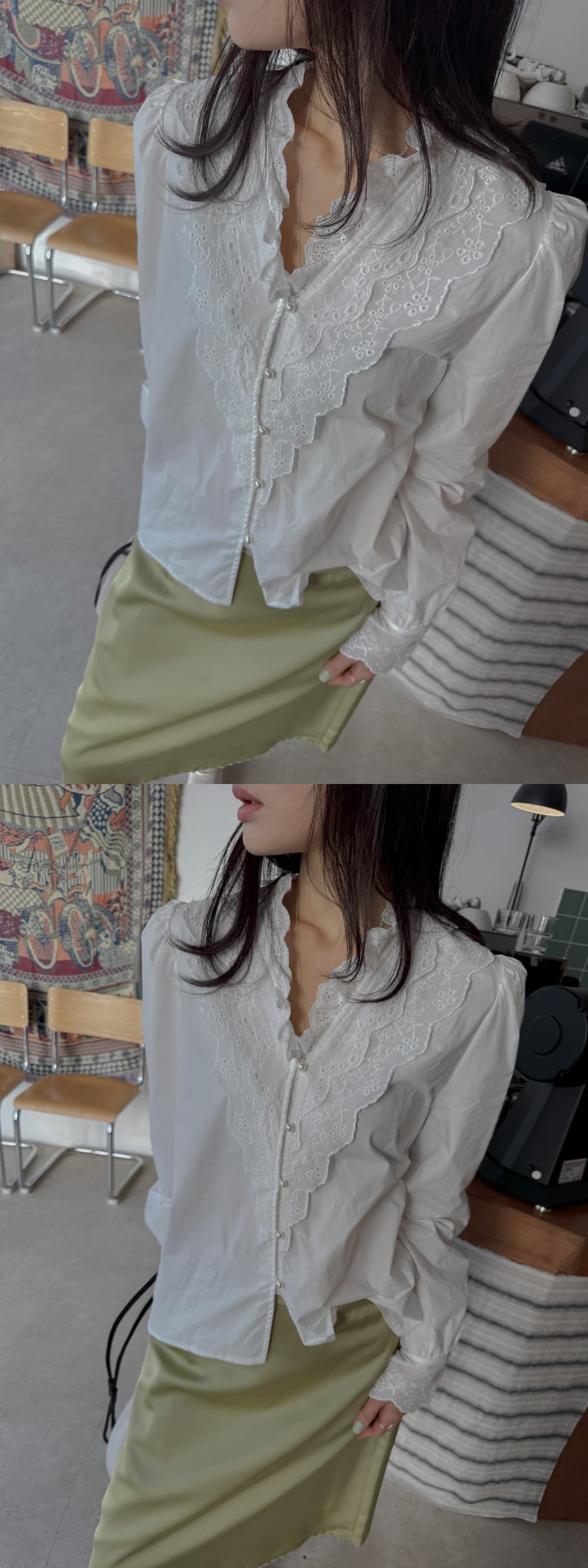 새로운 무거운 작업 레이스 레이스 루즈핏 긴팔 여성 셔츠 상세 이미지 2