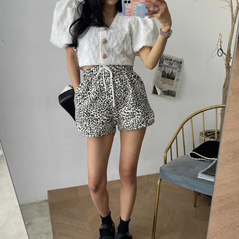 있음 선적 허리밴드 펌프 로프 레오파드 무늬 캐주얼 반바지 여성 이미지 5