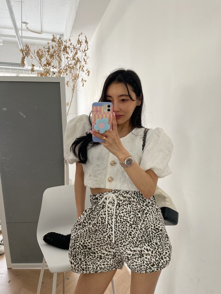 있음 선적 허리밴드 펌프 로프 레오파드 무늬 캐주얼 반바지 여성 상세 이미지 5