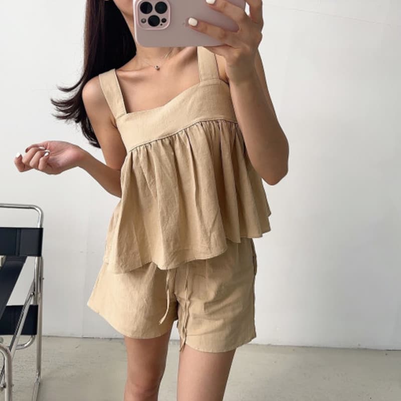 있음 선적 광장 칼라 멜빵 인형 셔츠 넓은 다리 캐주얼 반바지 세트 여성