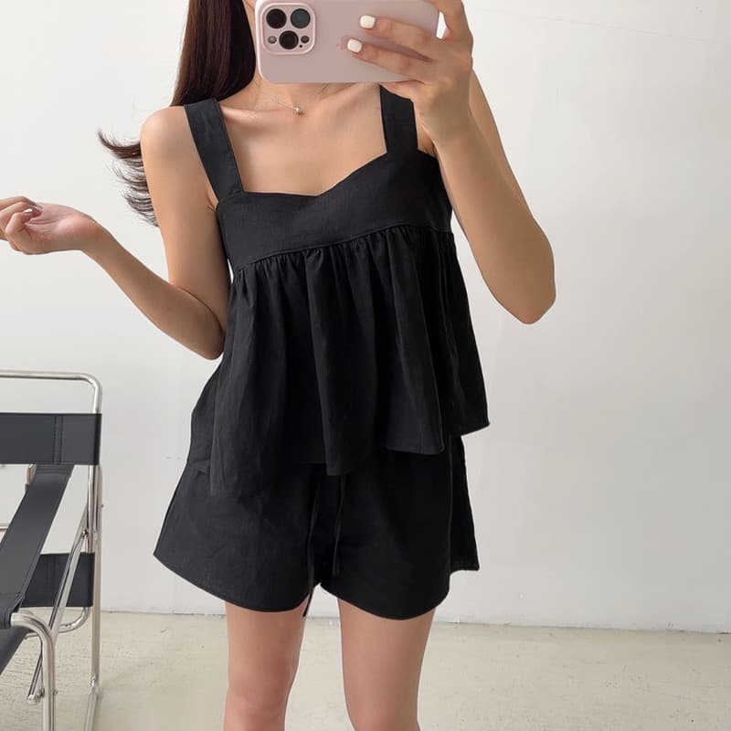 있음 선적 광장 칼라 멜빵 인형 셔츠 넓은 다리 캐주얼 반바지 세트 여성 이미지 4