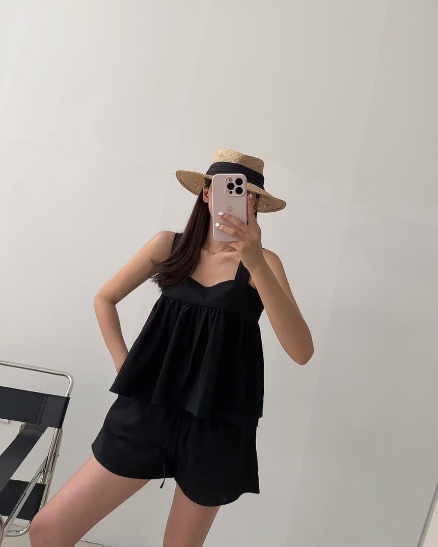 있음 선적 광장 칼라 멜빵 인형 셔츠 넓은 다리 캐주얼 반바지 세트 여성 상세 이미지 2