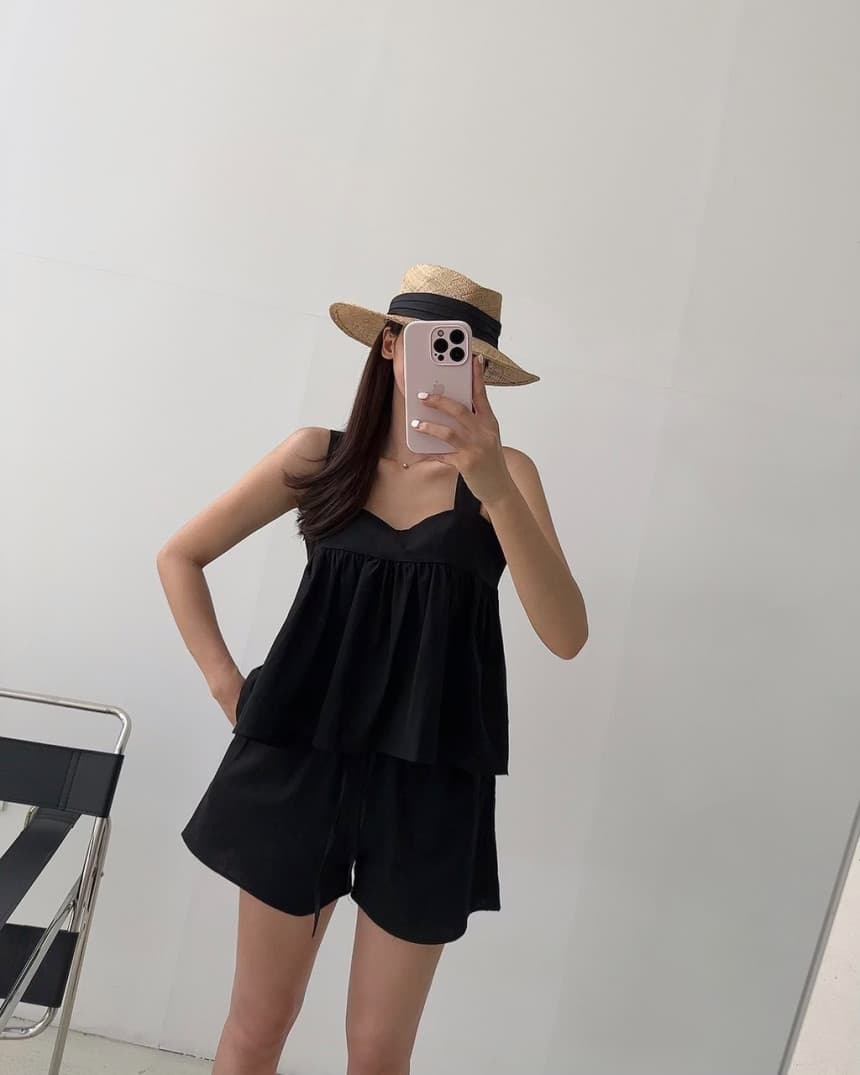 있음 선적 광장 칼라 멜빵 인형 셔츠 넓은 다리 캐주얼 반바지 세트 여성 상세 이미지 4