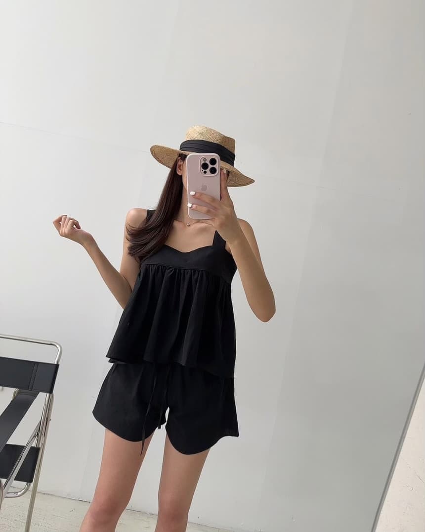 있음 선적 광장 칼라 멜빵 인형 셔츠 넓은 다리 캐주얼 반바지 세트 여성 상세 이미지 5