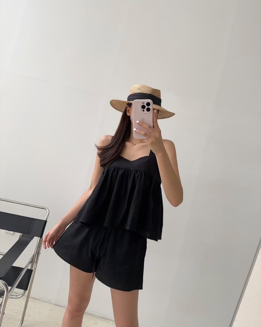 있음 선적 광장 칼라 멜빵 인형 셔츠 넓은 다리 캐주얼 반바지 세트 여성 상세 이미지 6